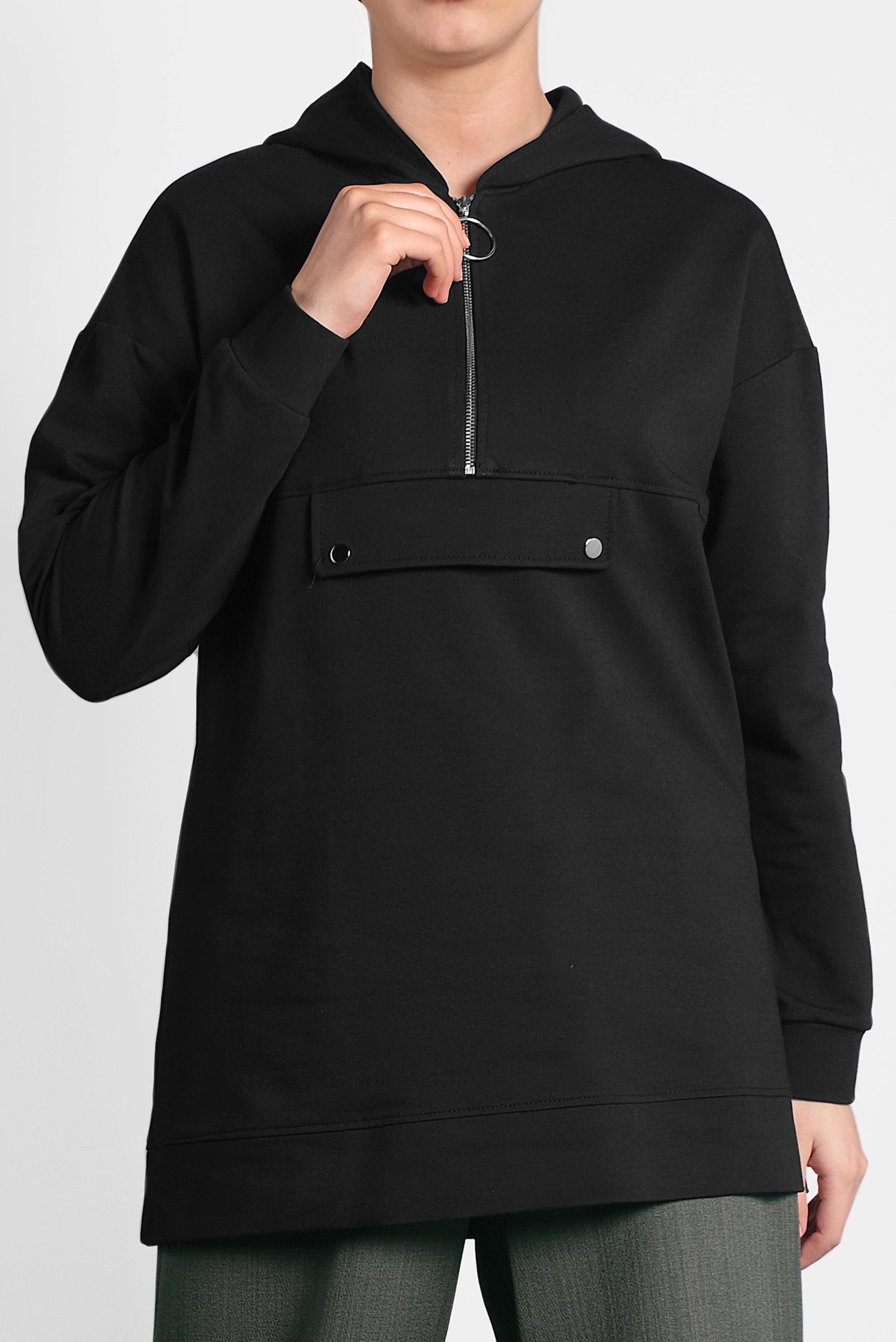 Tesettür giyim SİYAH KAPÜŞONLU PAMUKLU SPOR TUNİK 40251