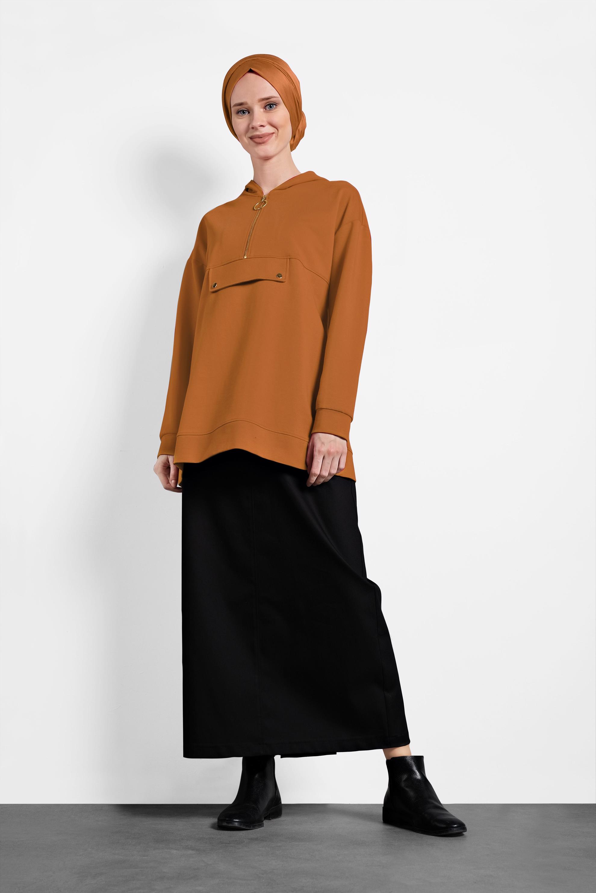 Tesettür giyim SARI KAPÜŞONLU PAMUKLU SPOR TUNİK 40251