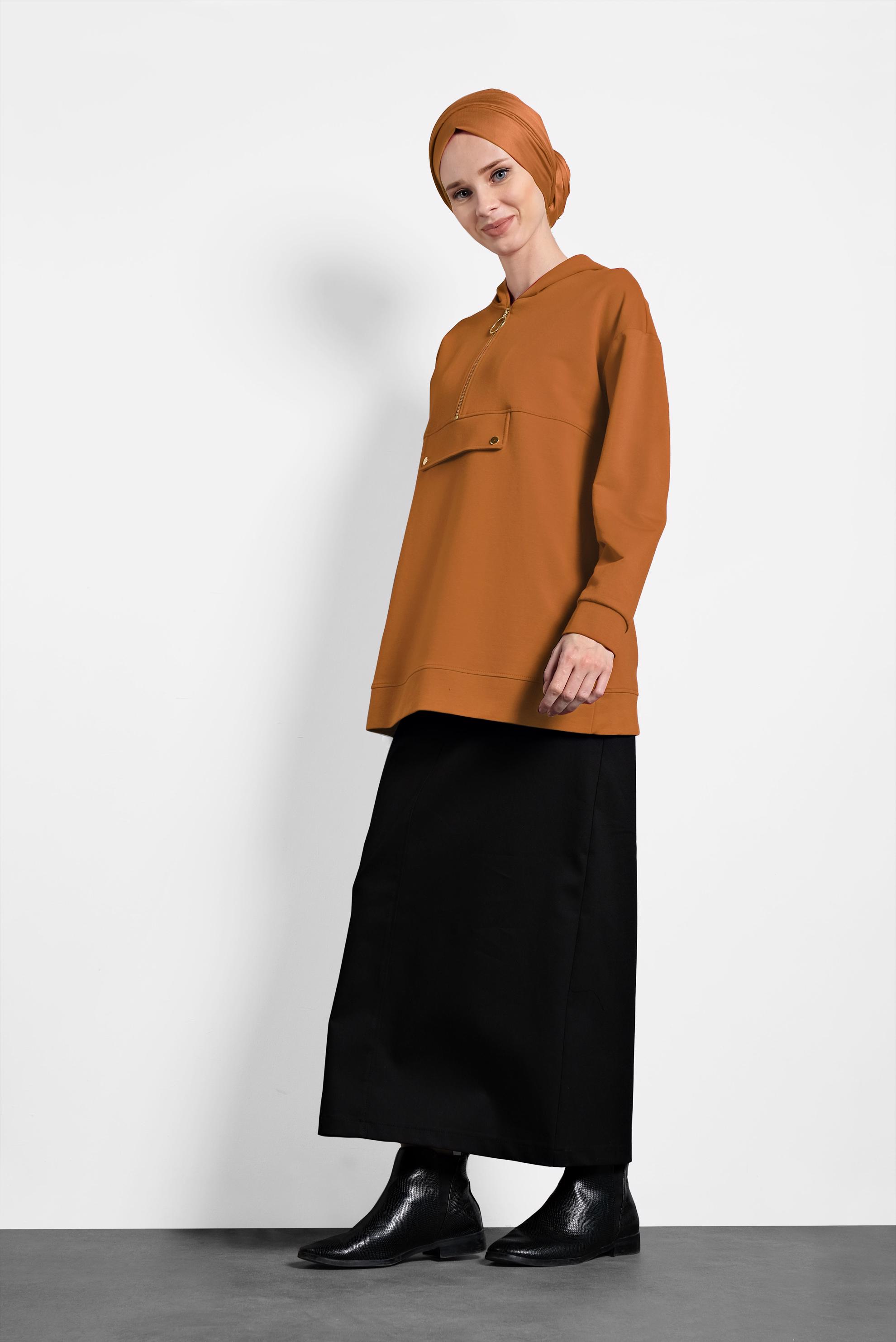 Tesettür giyim SARI KAPÜŞONLU PAMUKLU SPOR TUNİK 40251