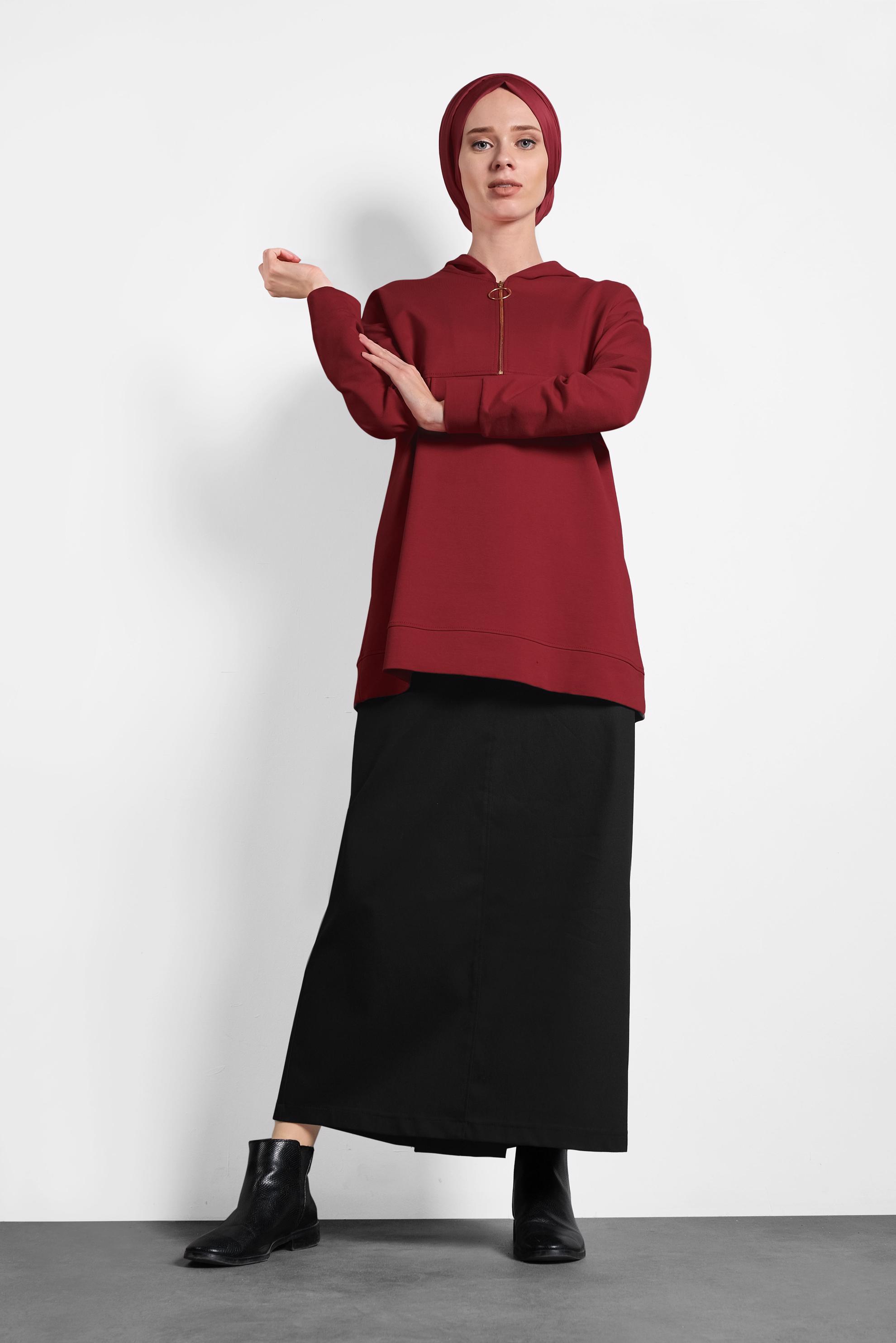 Tesettür giyim KIRMIZI KAPÜŞONLU PAMUKLU SPOR TUNİK 40251