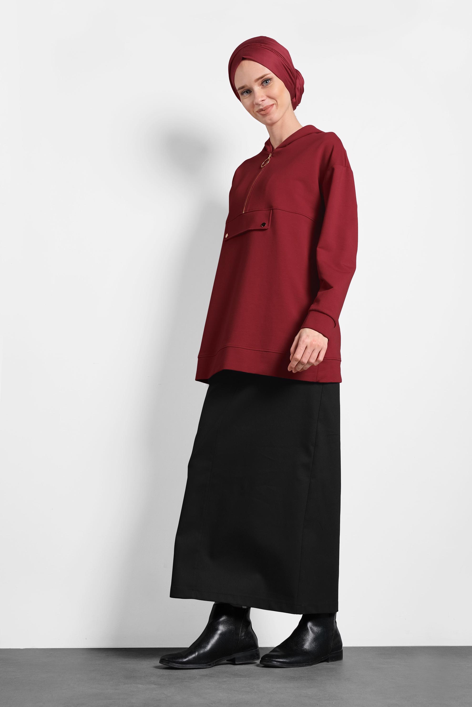 Tesettür giyim KIRMIZI KAPÜŞONLU PAMUKLU SPOR TUNİK 40251