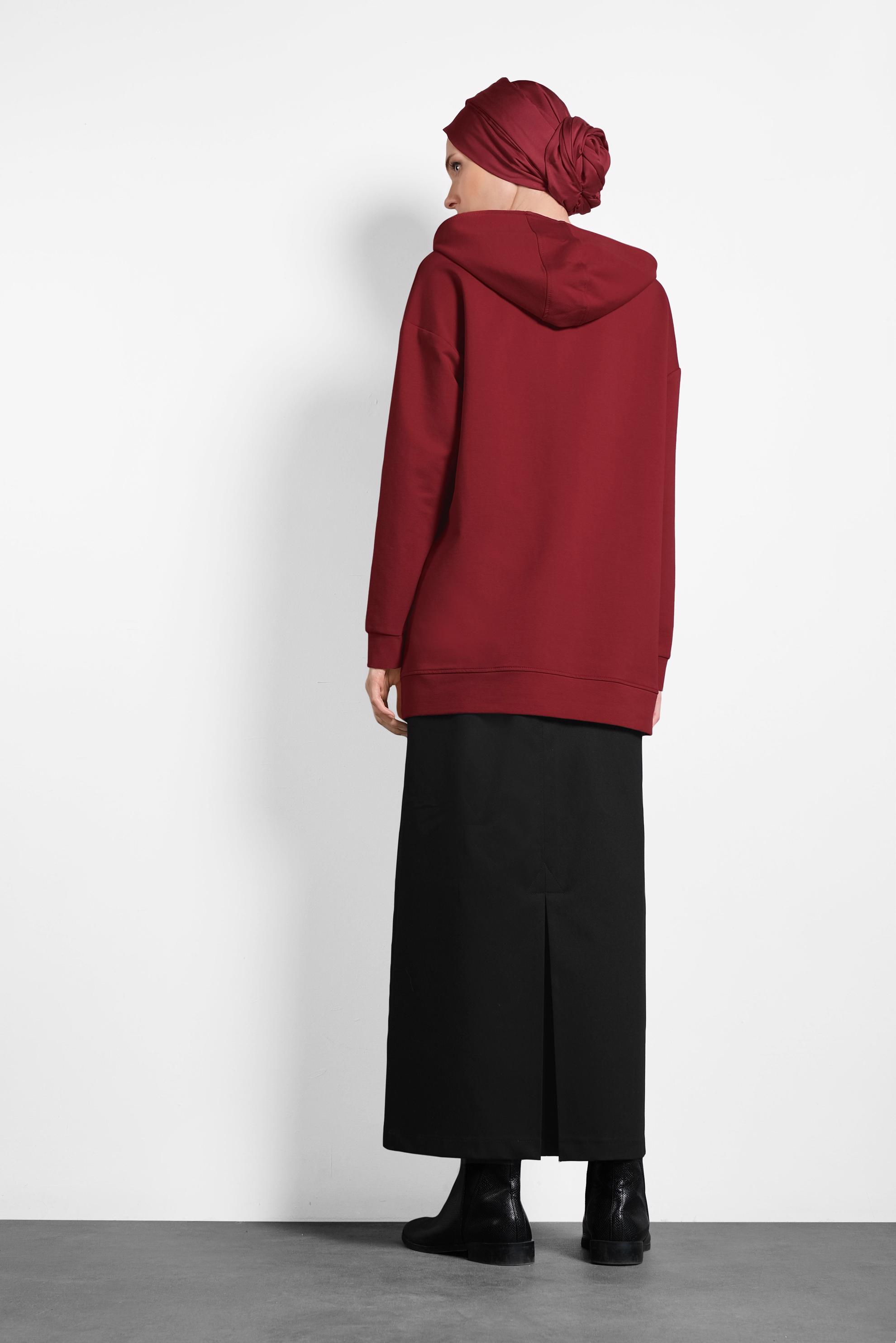 Tesettür giyim KIRMIZI KAPÜŞONLU PAMUKLU SPOR TUNİK 40251
