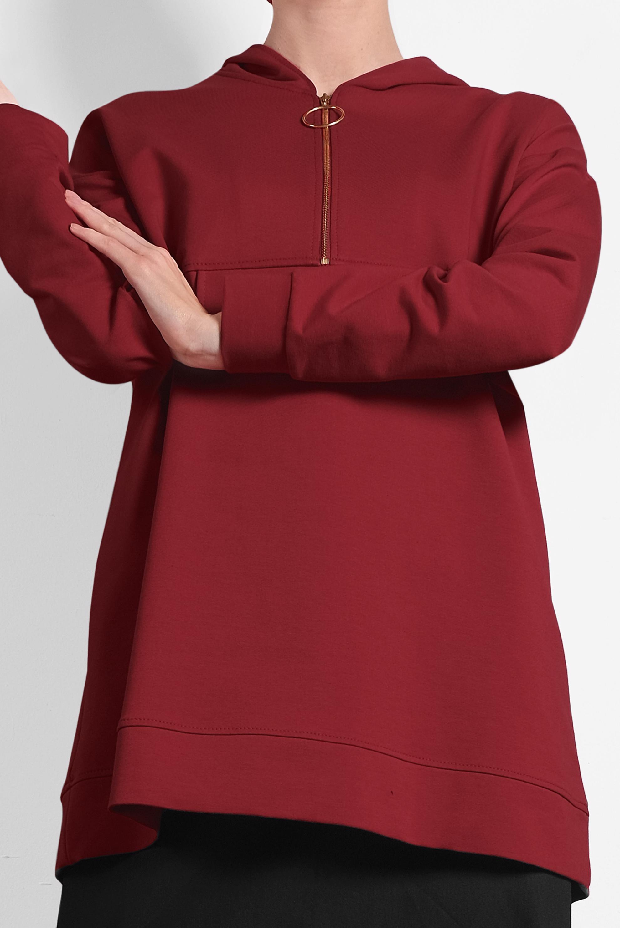 Tesettür giyim KIRMIZI KAPÜŞONLU PAMUKLU SPOR TUNİK 40251