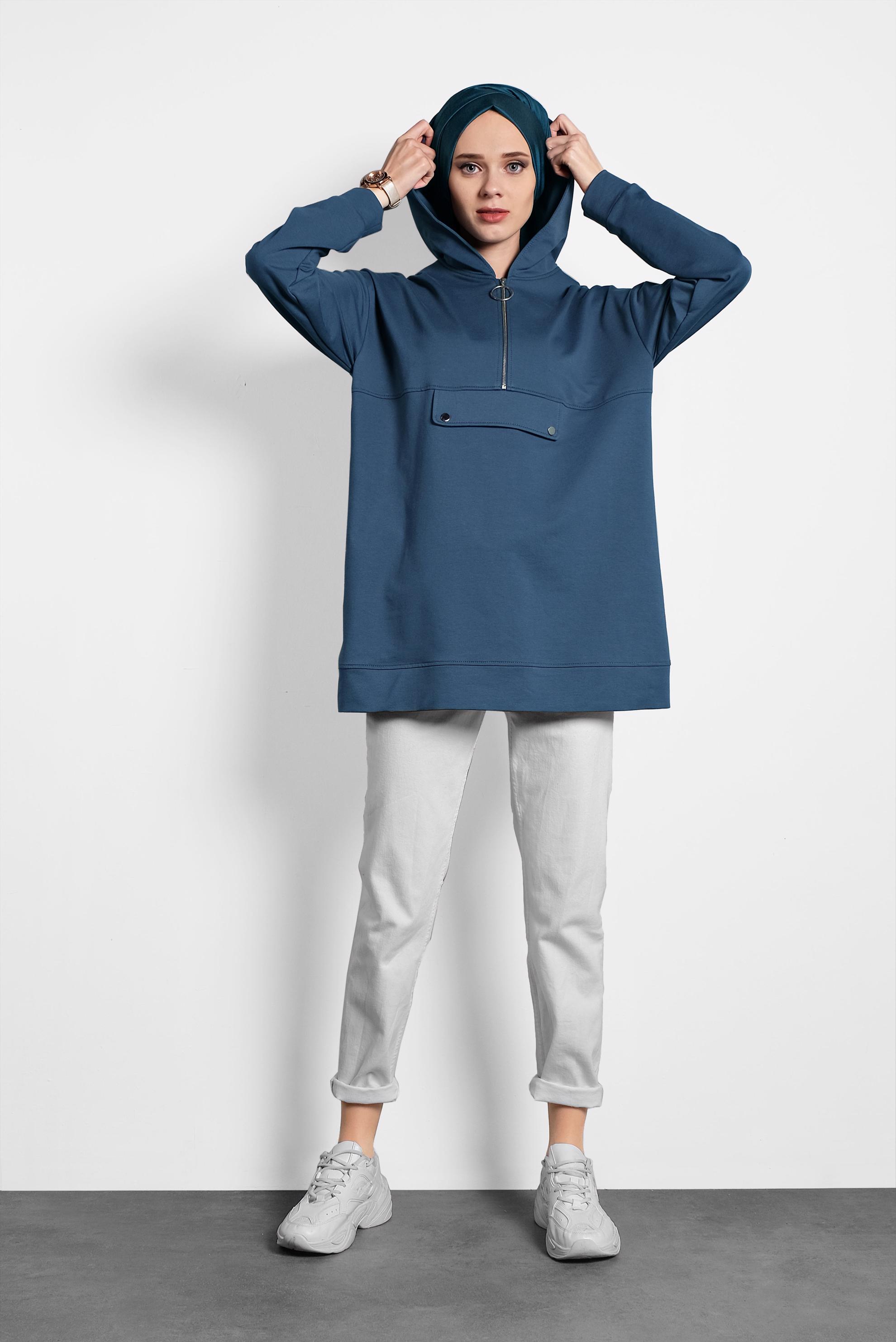 Tesettür giyim LACİVERT KAPÜŞONLU PAMUKLU SPOR TUNİK 40251