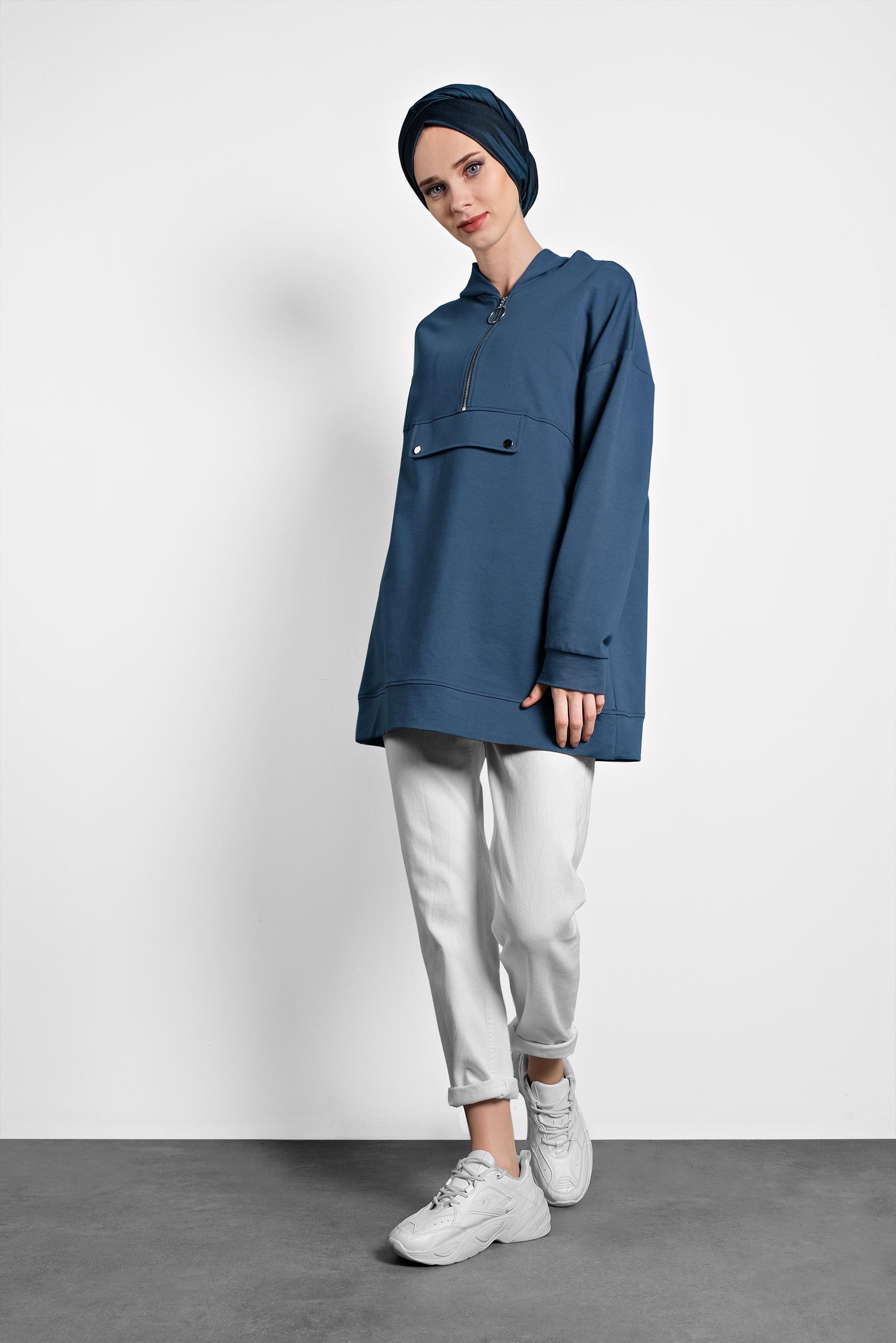 Tesettür giyim LACİVERT KAPÜŞONLU PAMUKLU SPOR TUNİK 40251