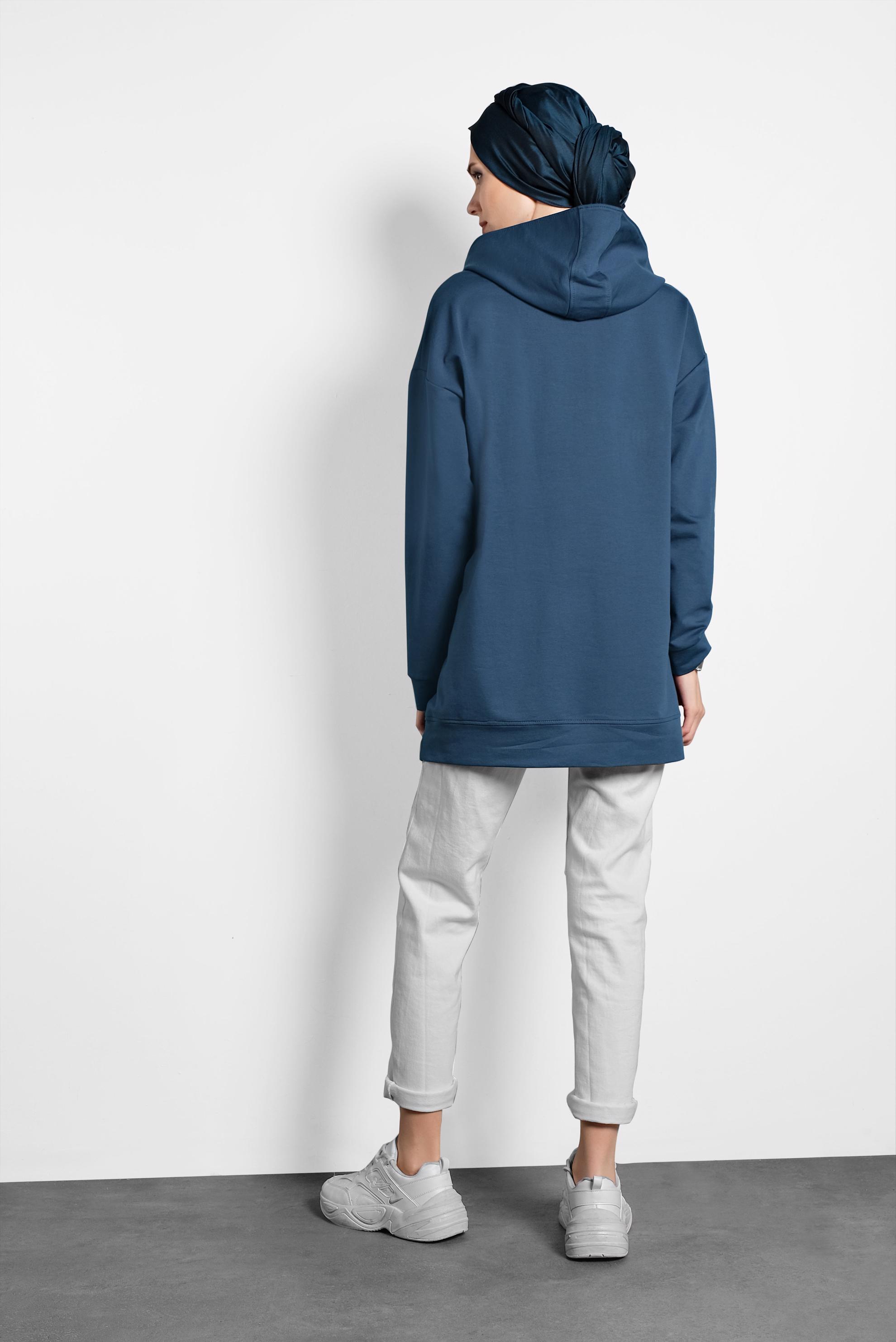 Tesettür giyim LACİVERT KAPÜŞONLU PAMUKLU SPOR TUNİK 40251