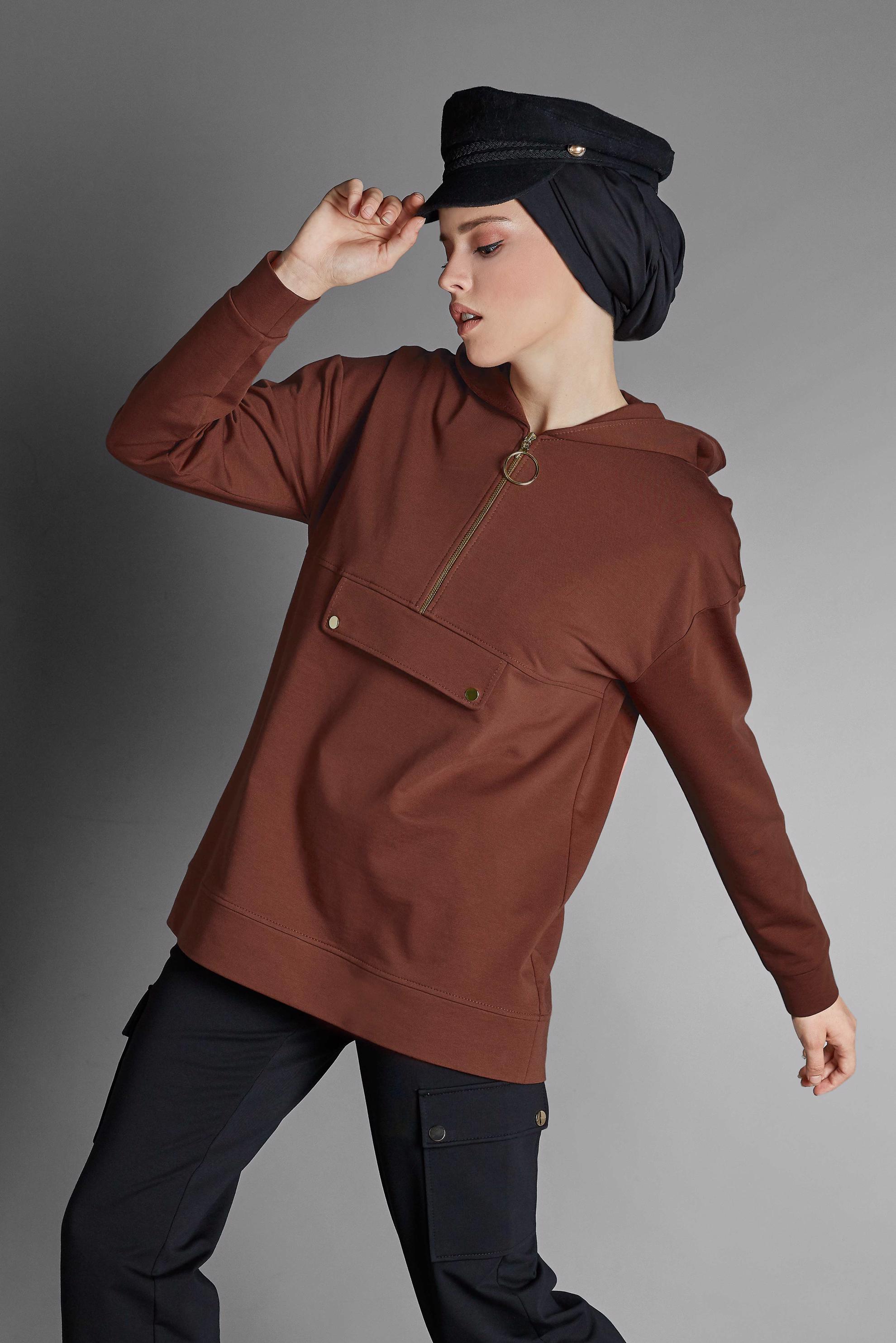 Tesettür giyim BORDO KAPÜŞONLU PAMUKLU SPOR TUNİK 40251