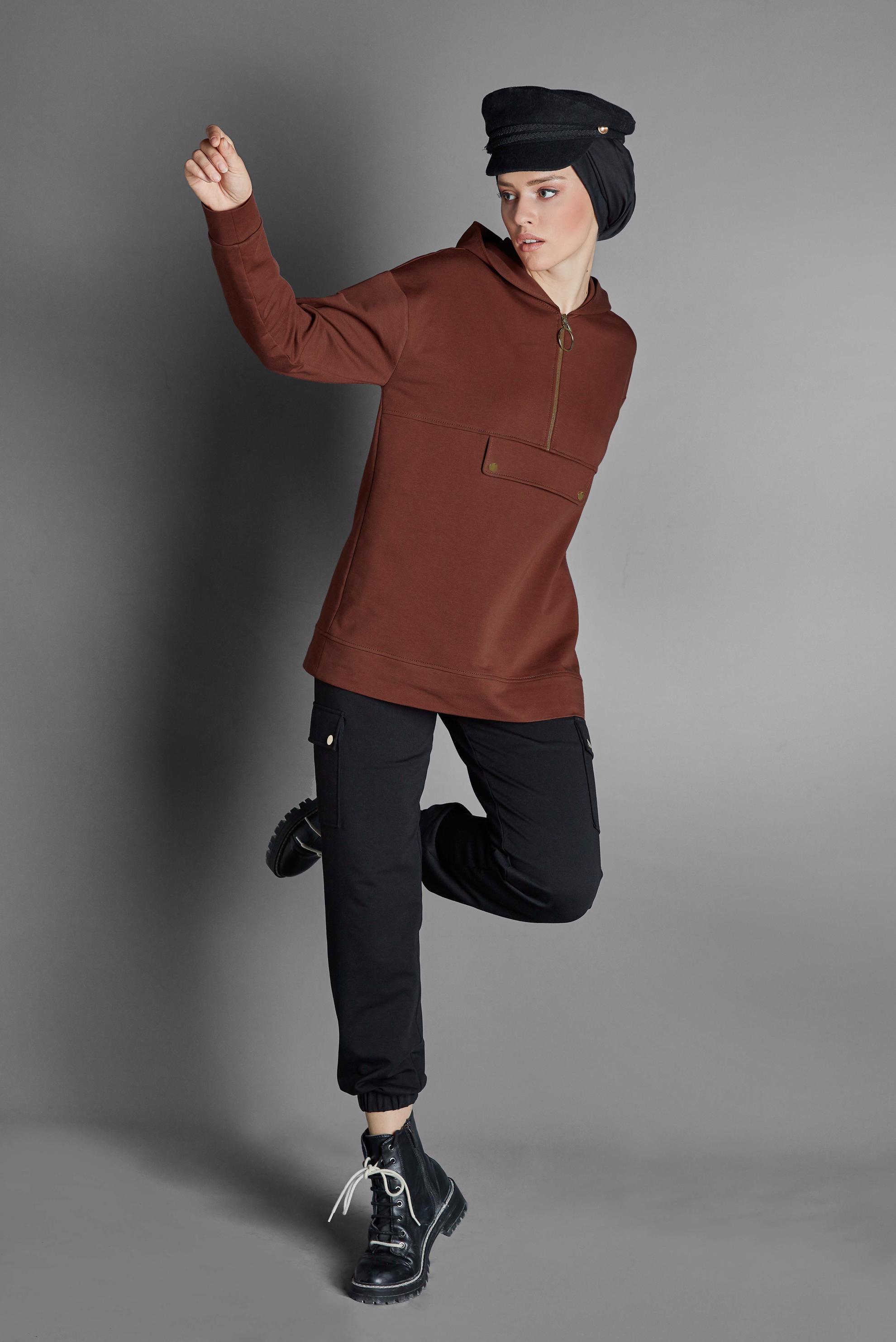 Tesettür giyim BORDO KAPÜŞONLU PAMUKLU SPOR TUNİK 40251