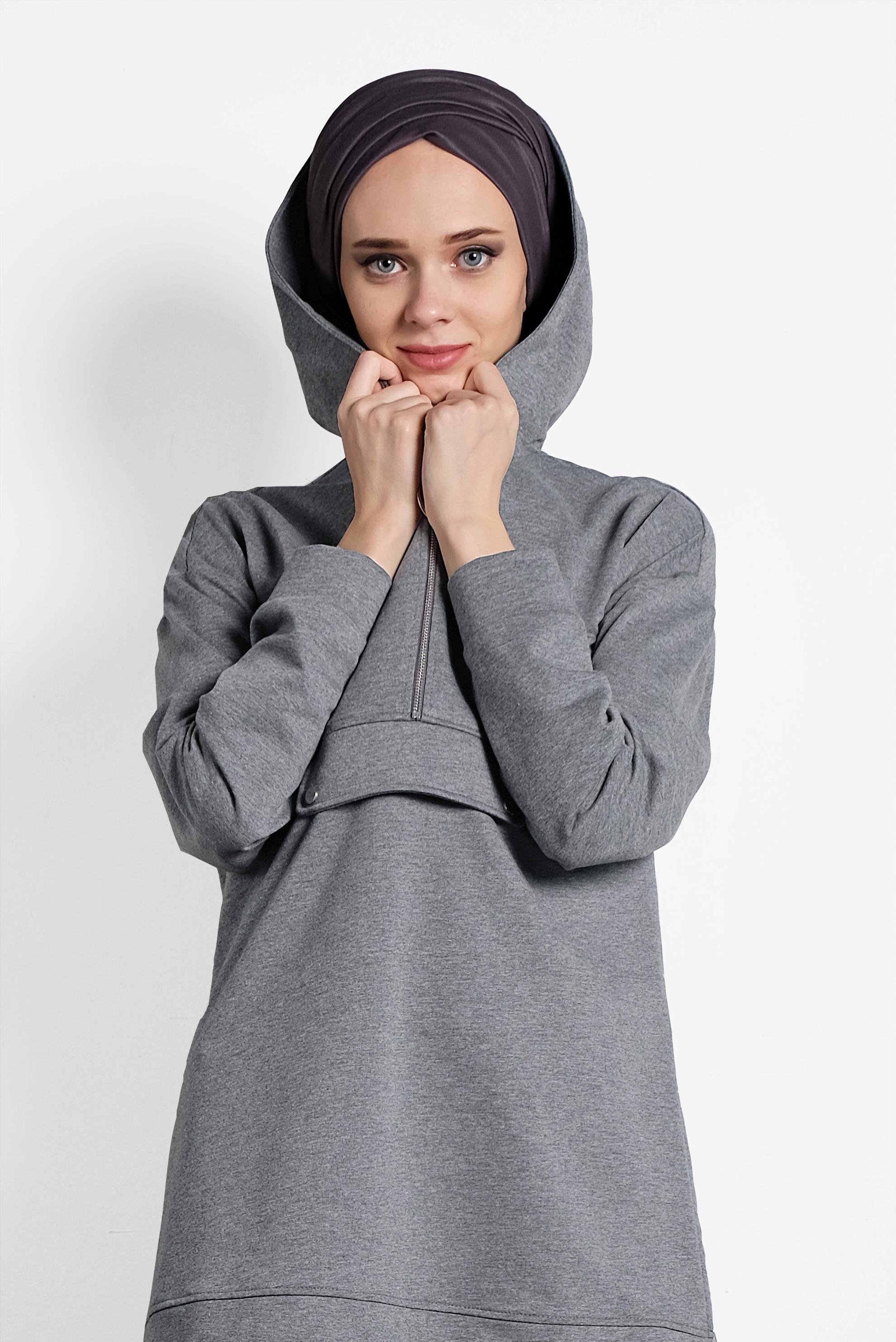 Tesettür giyim GRİ KAPÜŞONLU PAMUKLU SPOR TUNİK 40251