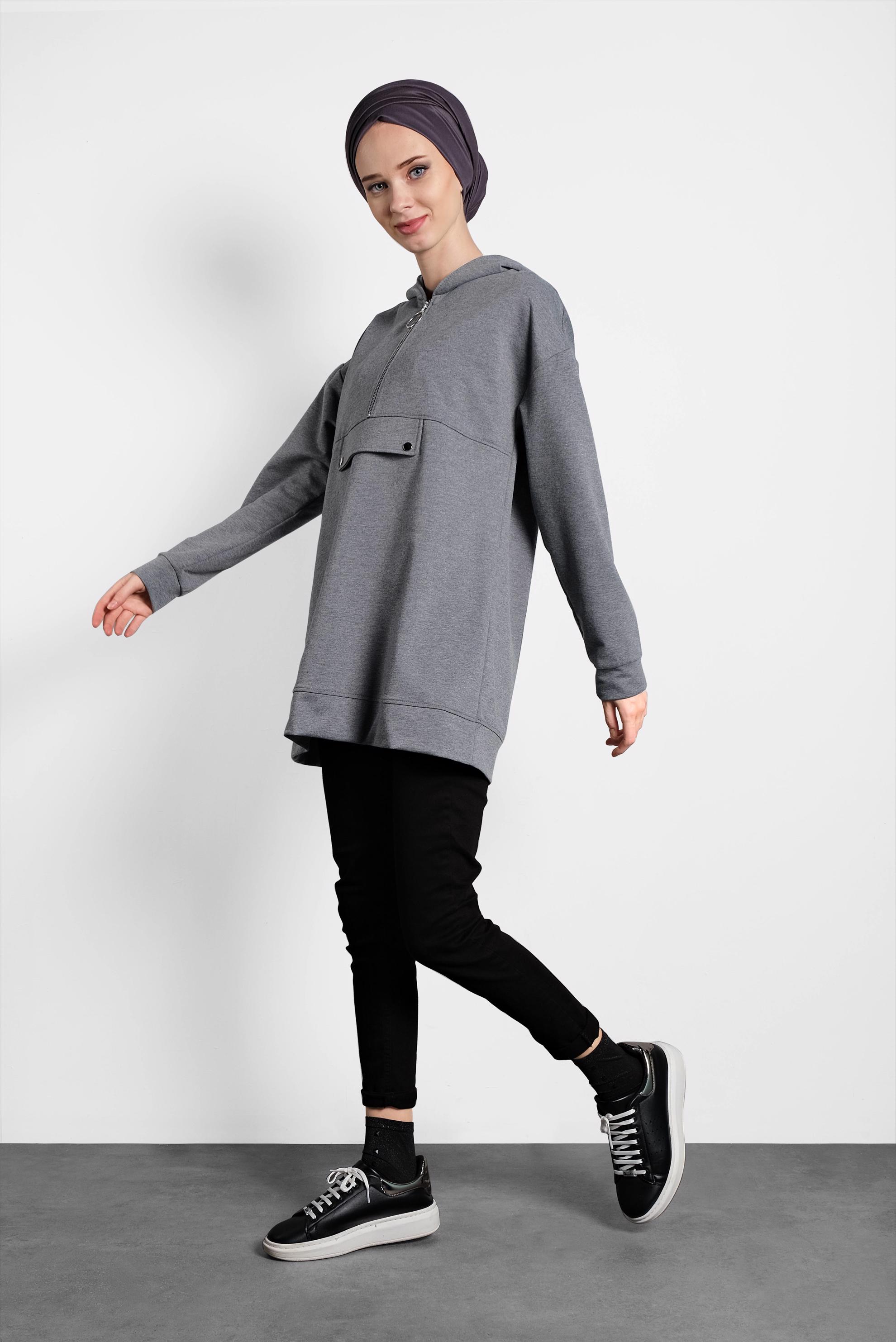 Tesettür giyim GRİ KAPÜŞONLU PAMUKLU SPOR TUNİK 40251