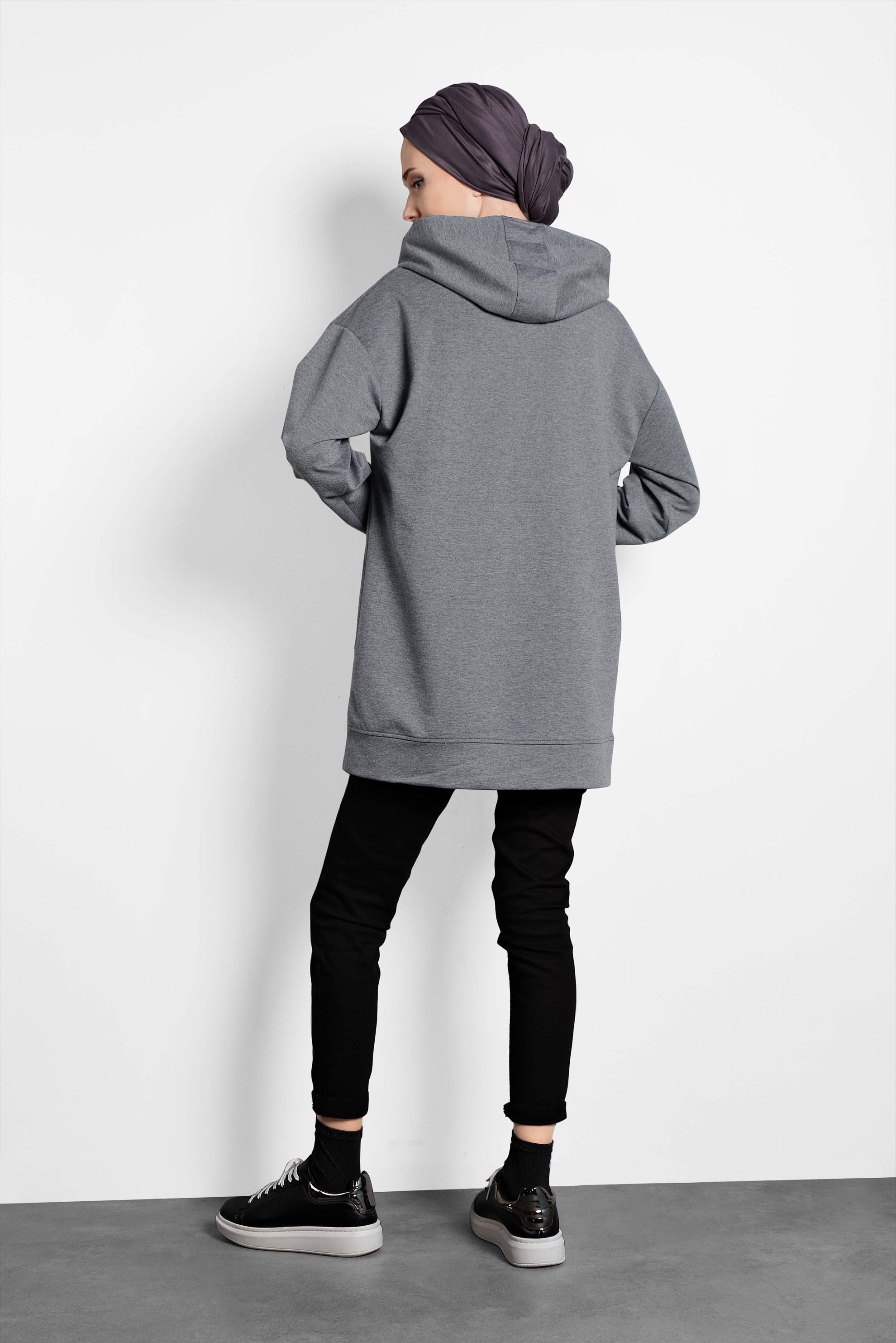 Tesettür giyim GRİ KAPÜŞONLU PAMUKLU SPOR TUNİK 40251
