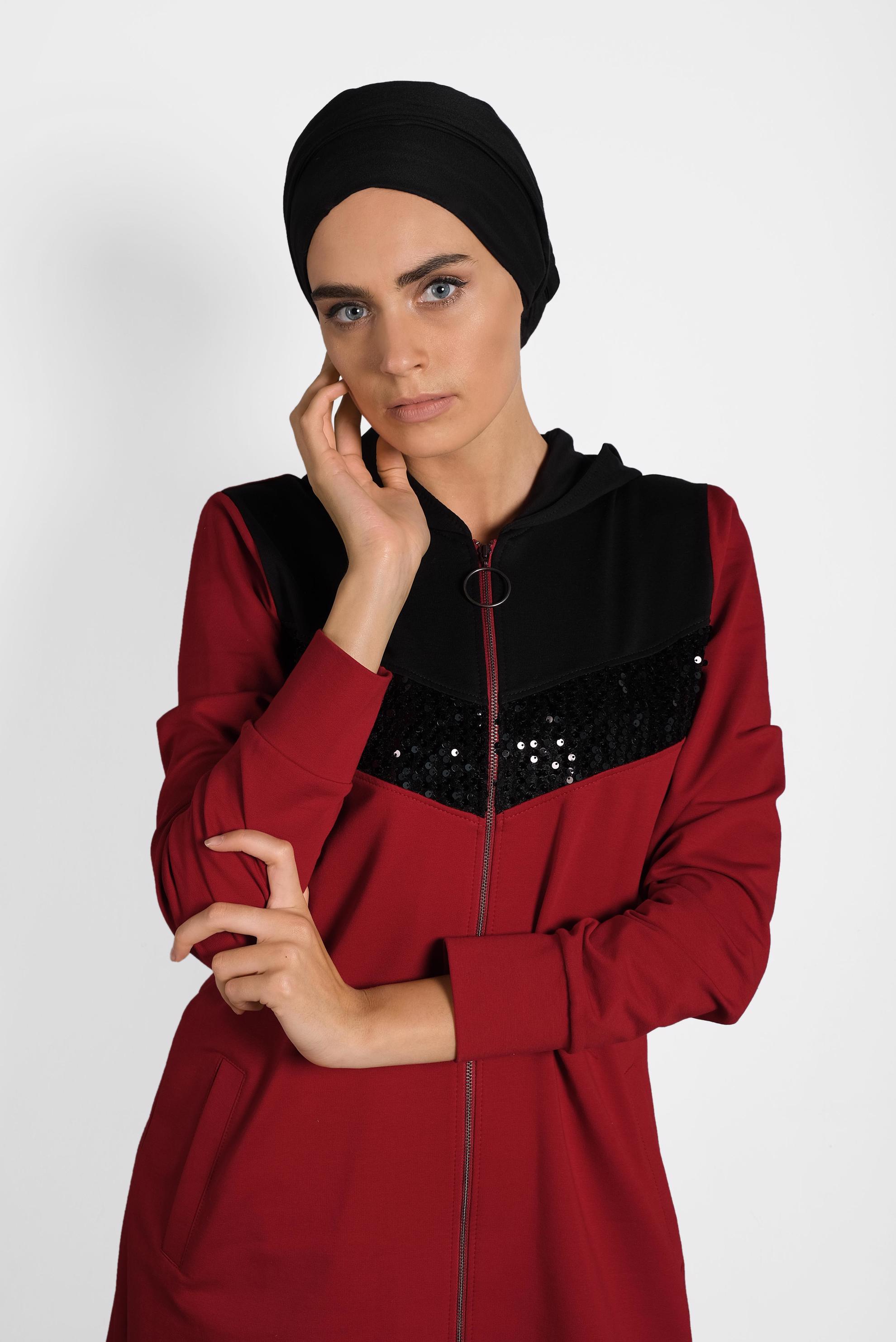 Tesettür giyim KIRMIZI PUL PAYET İŞLEMELİ EŞOFMAN TAKIM 40252