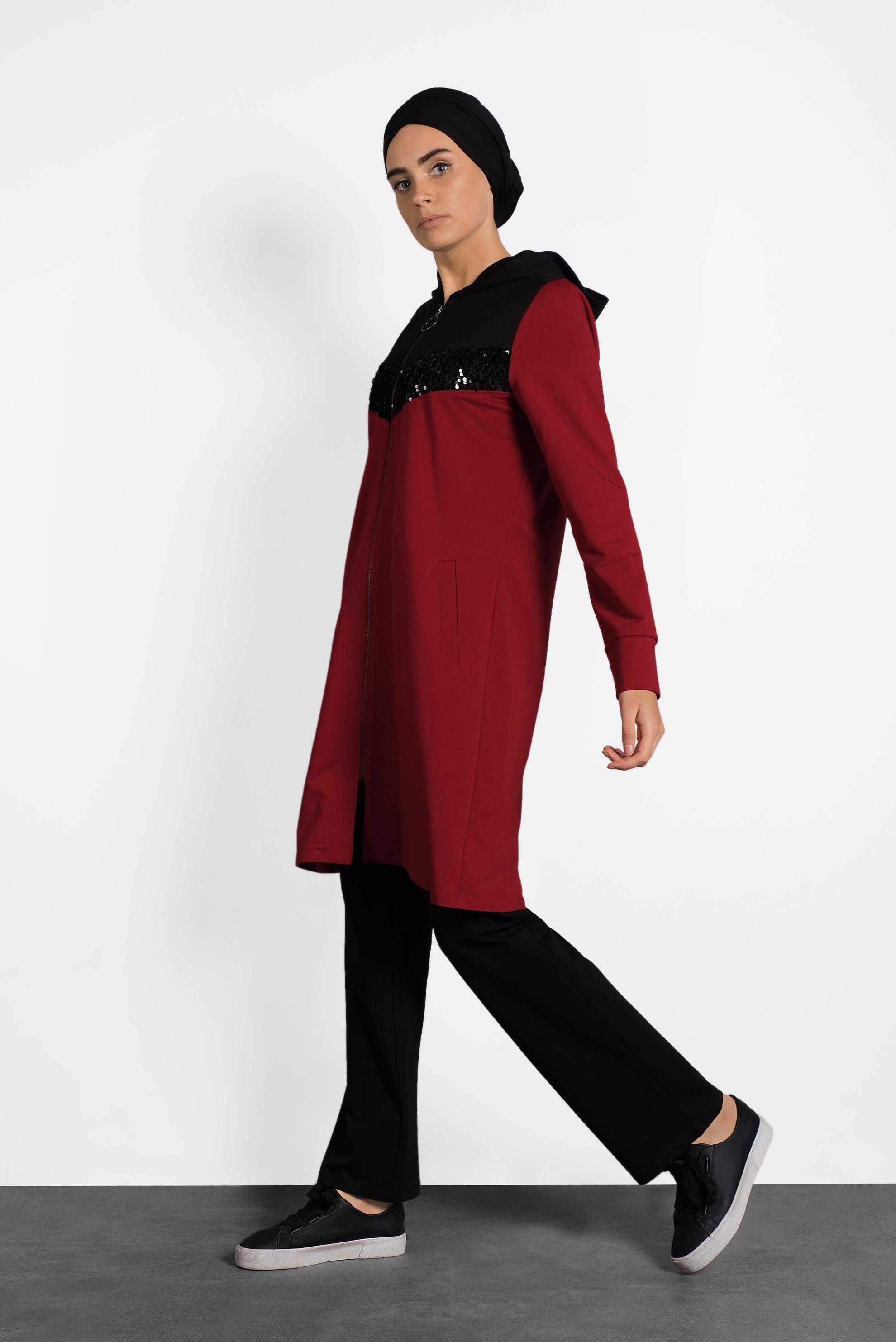 Tesettür giyim KIRMIZI PUL PAYET İŞLEMELİ EŞOFMAN TAKIM 40252