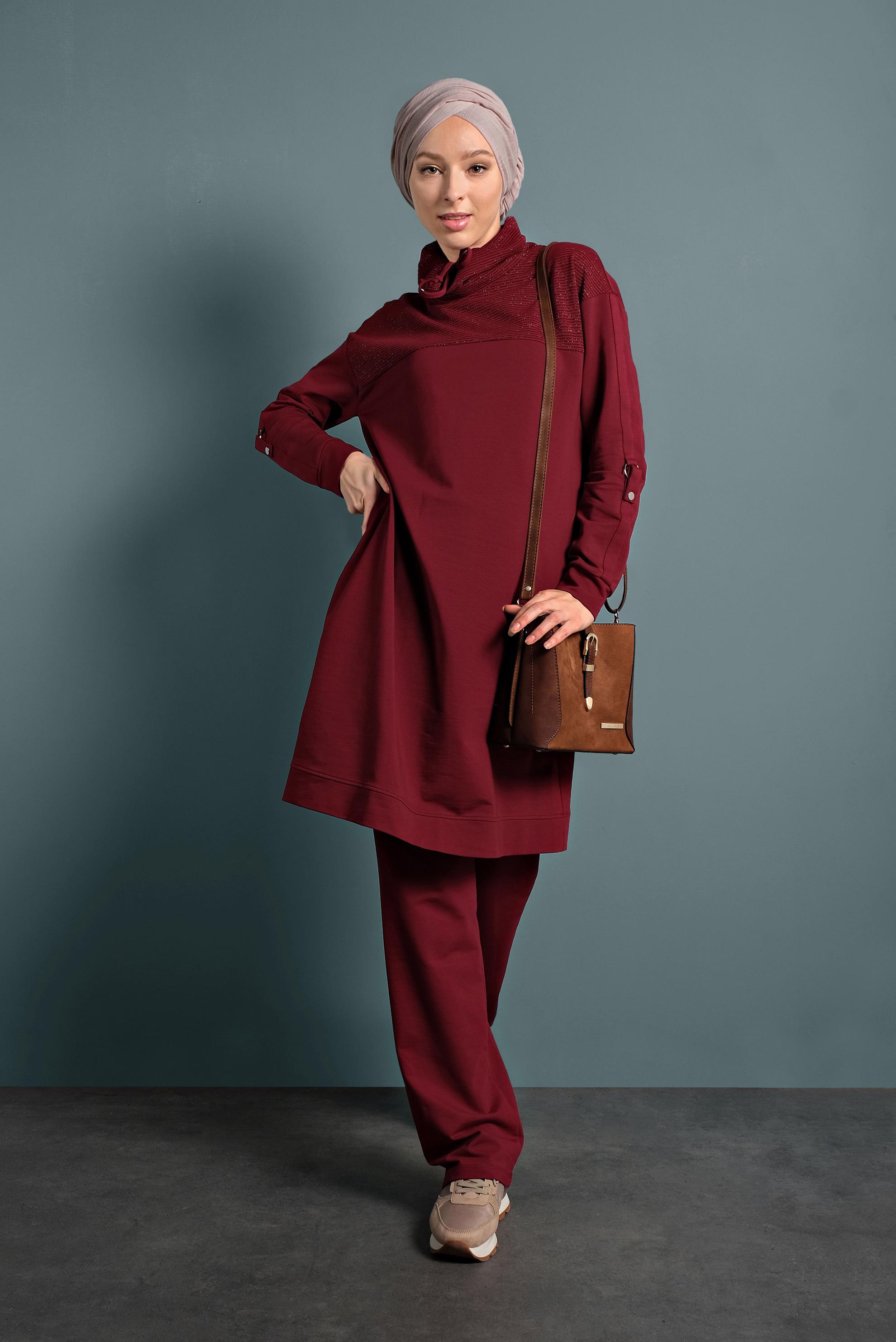 Tesettür giyim BORDO ŞAL YAKA EŞOFMAN TAKIMI 40315 