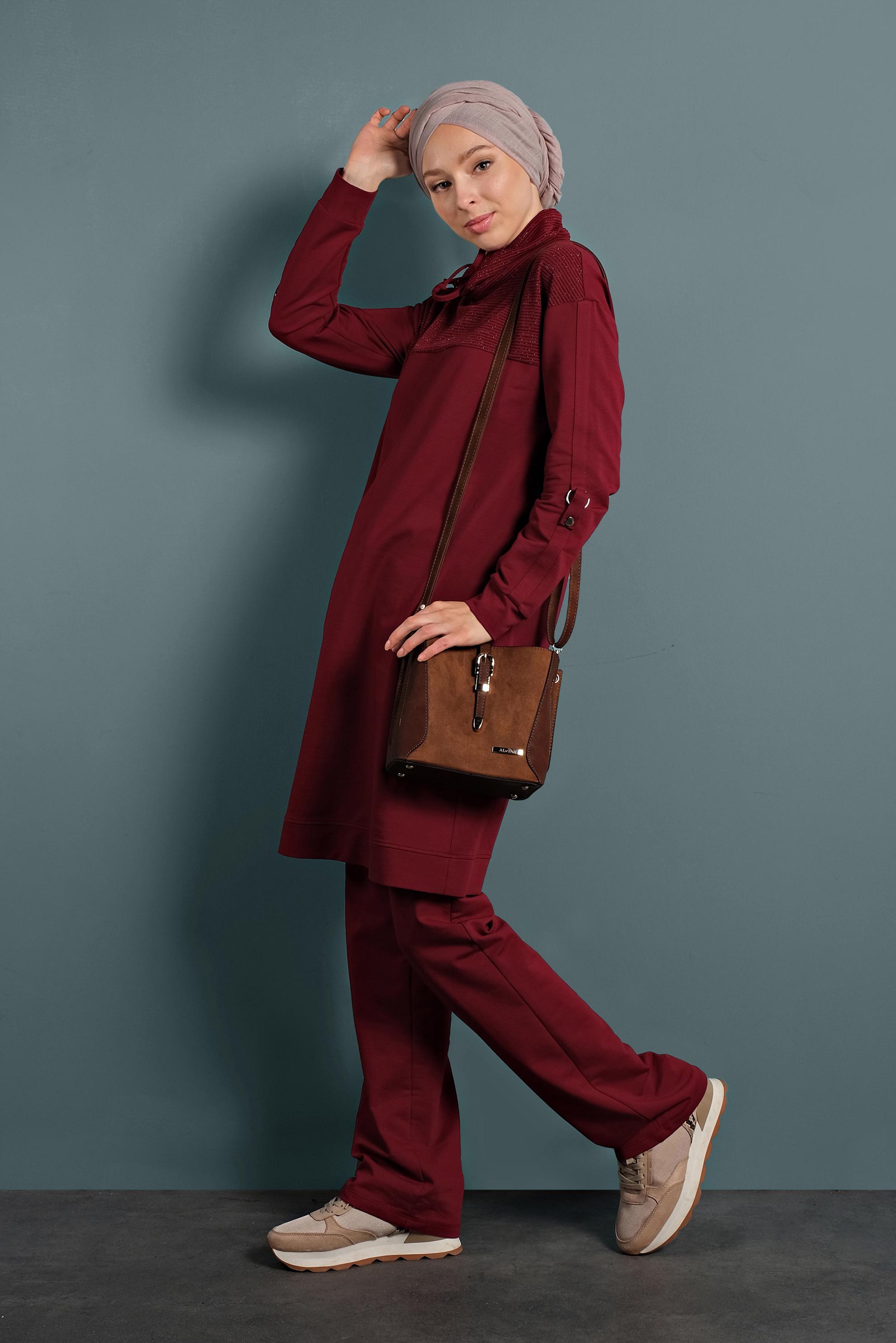 Tesettür giyim BORDO ŞAL YAKA EŞOFMAN TAKIMI 40315 