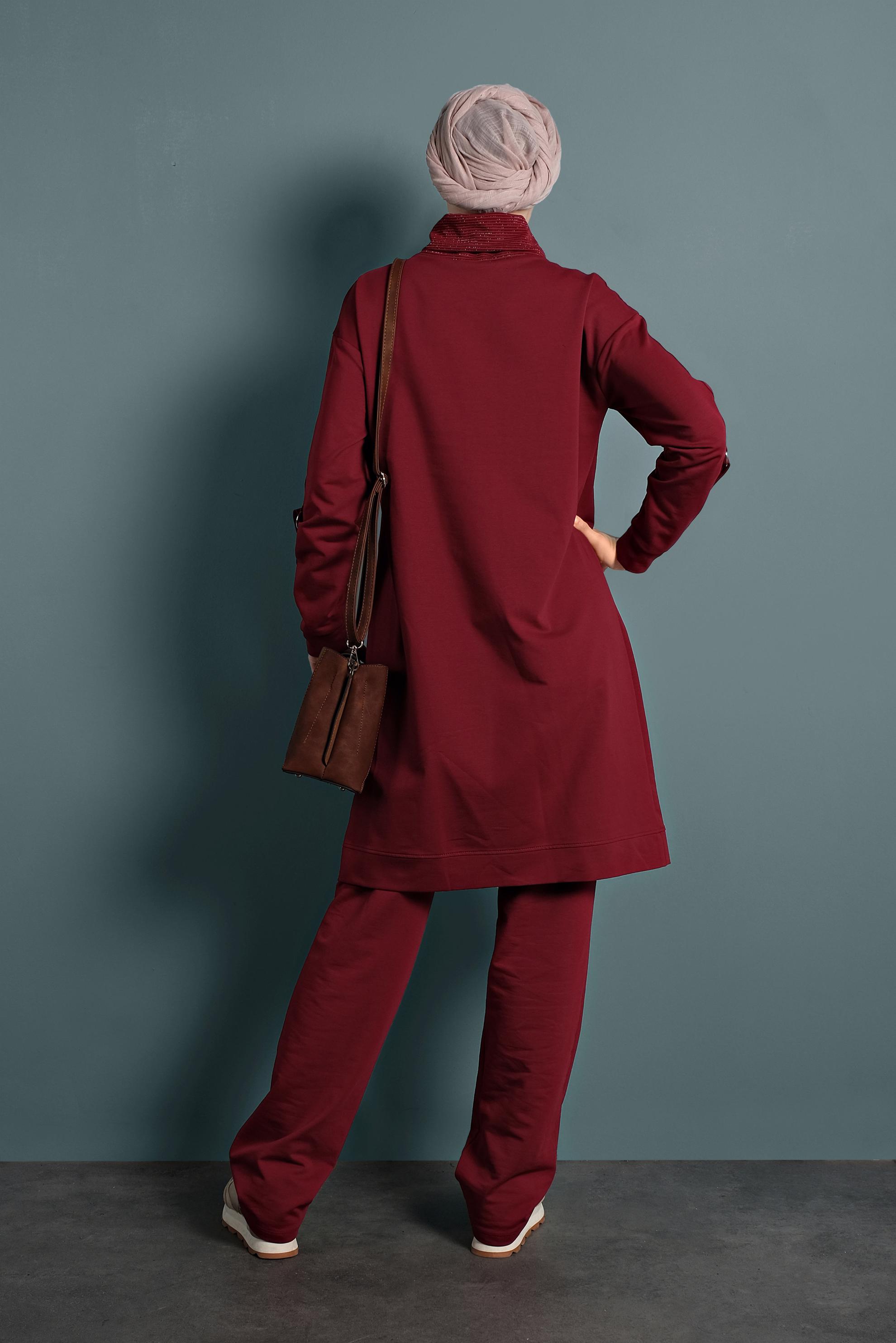Tesettür giyim BORDO ŞAL YAKA EŞOFMAN TAKIMI 40315 