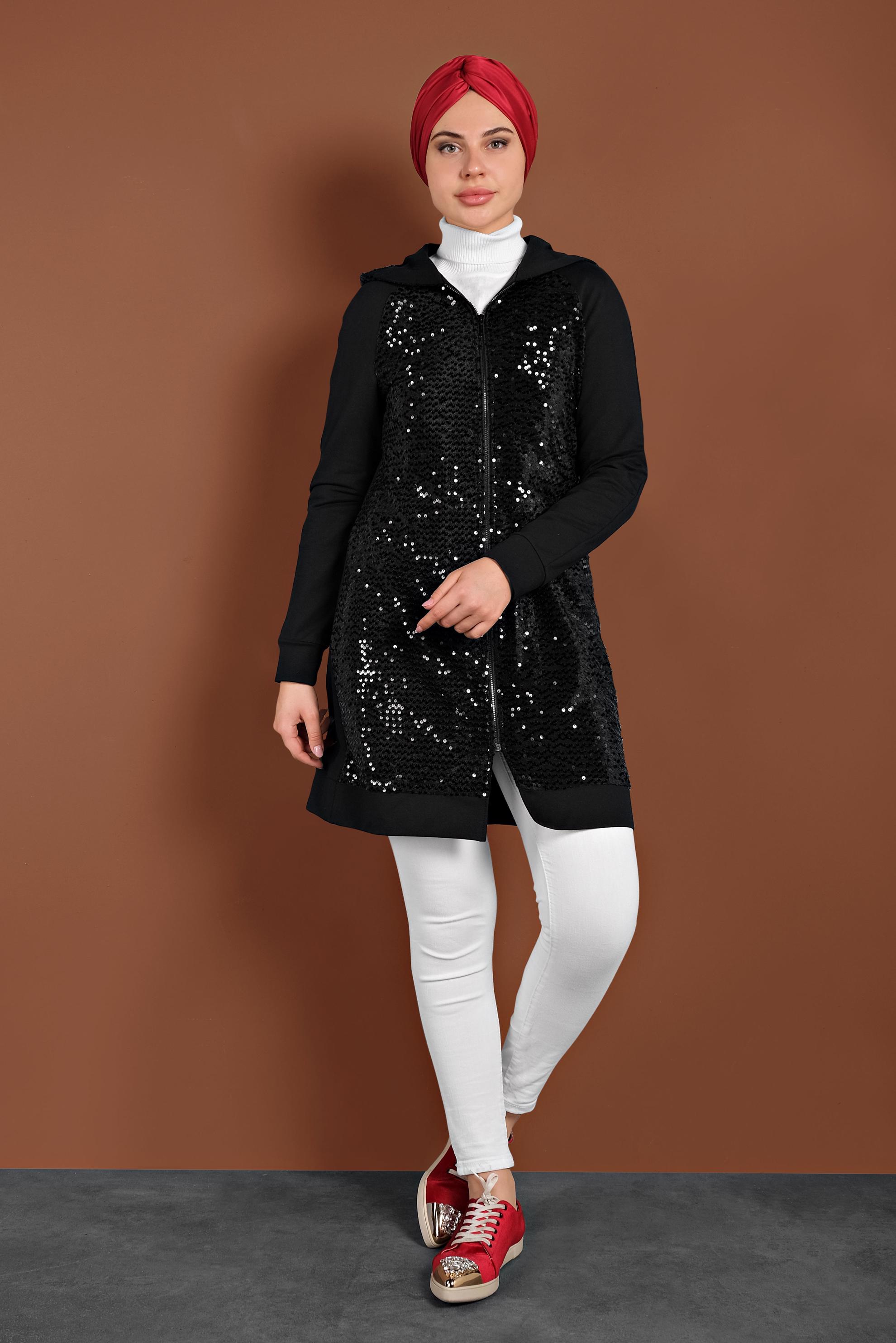 Tesettür giyim SİYAH PULLU KAPÜŞONLU EŞOFMAN TUNİK 40347