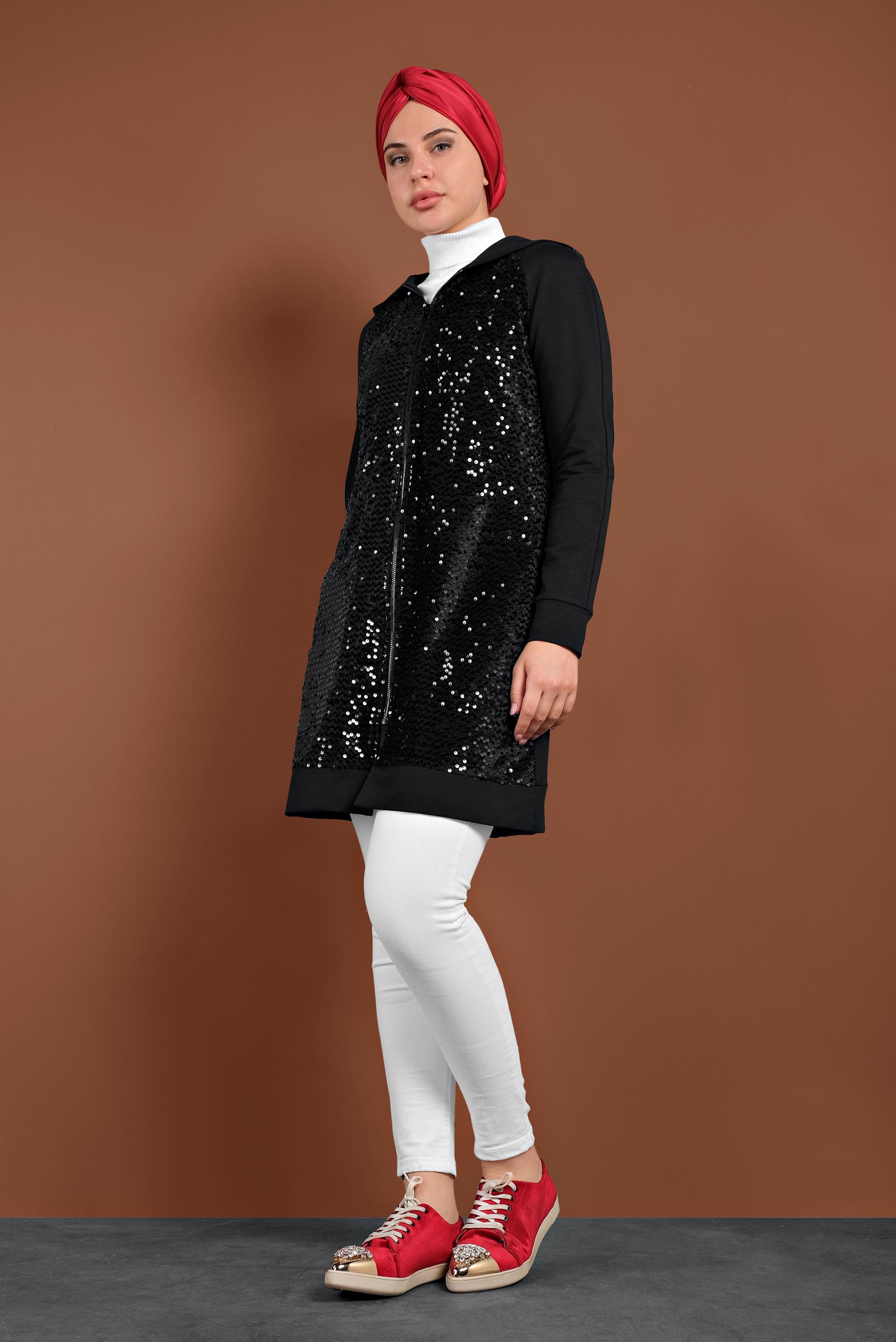 Tesettür giyim SİYAH PULLU KAPÜŞONLU EŞOFMAN TUNİK 40347
