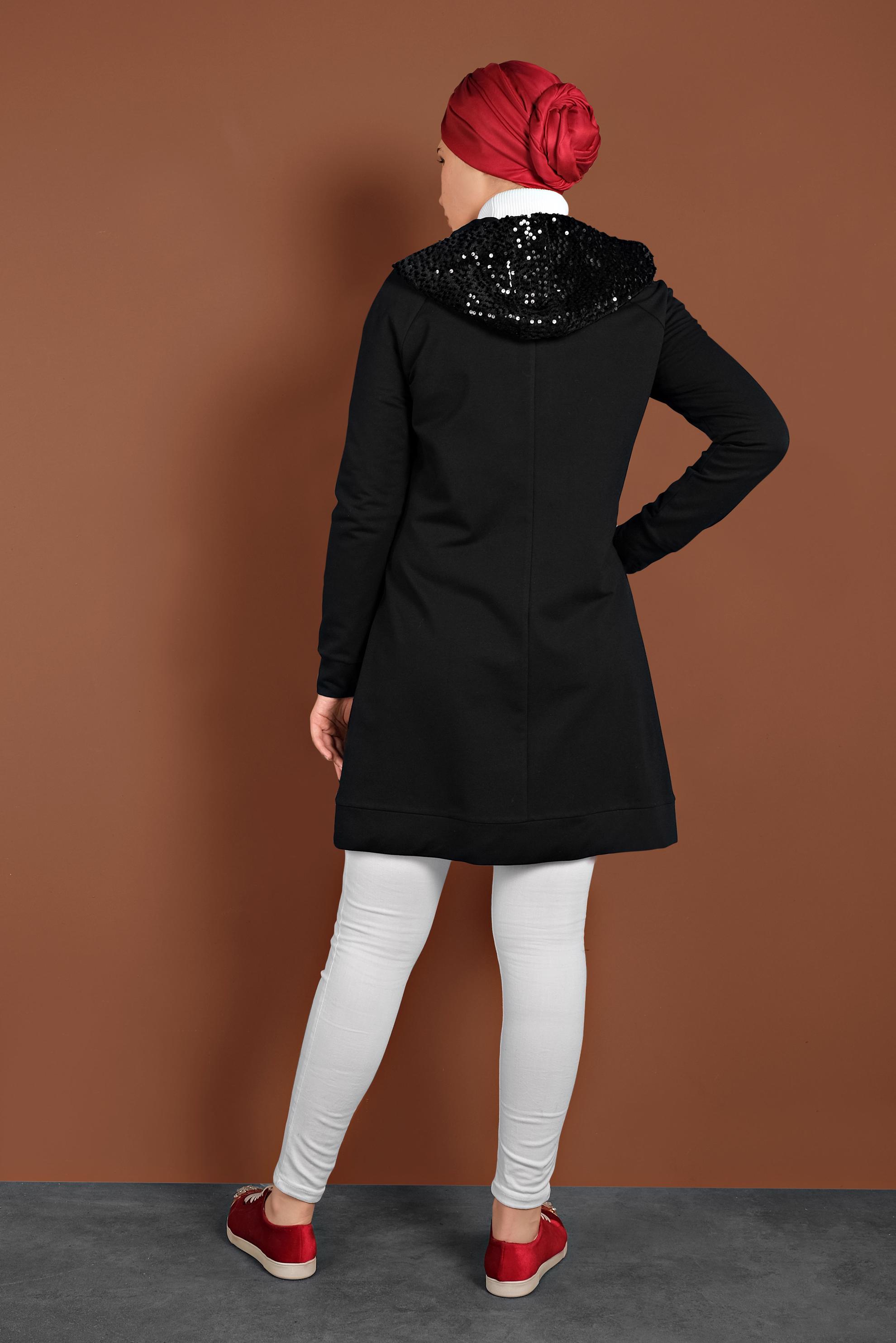 Tesettür giyim SİYAH PULLU KAPÜŞONLU EŞOFMAN TUNİK 40347