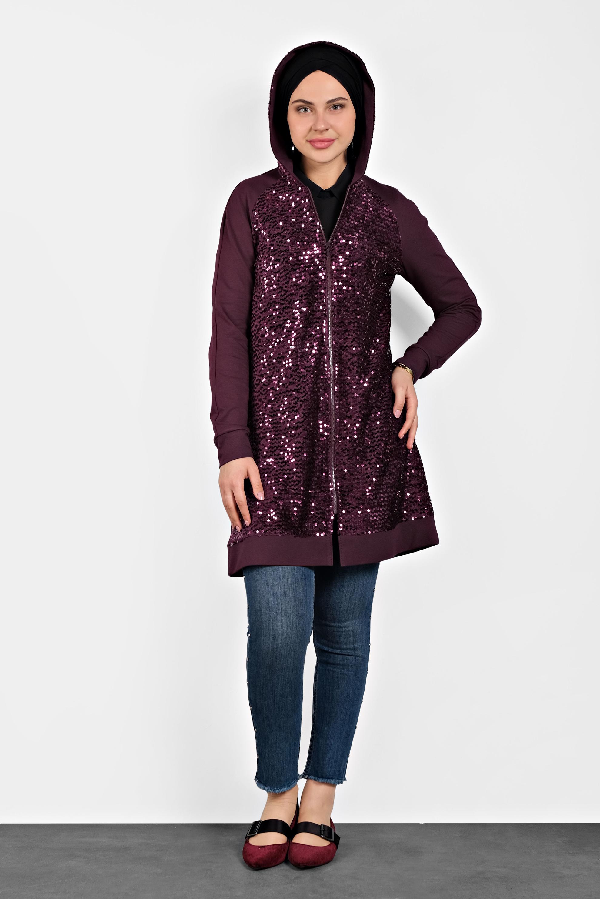 Tesettür giyim MÜRDÜM PULLU KAPÜŞONLU EŞOFMAN TUNİK 40347