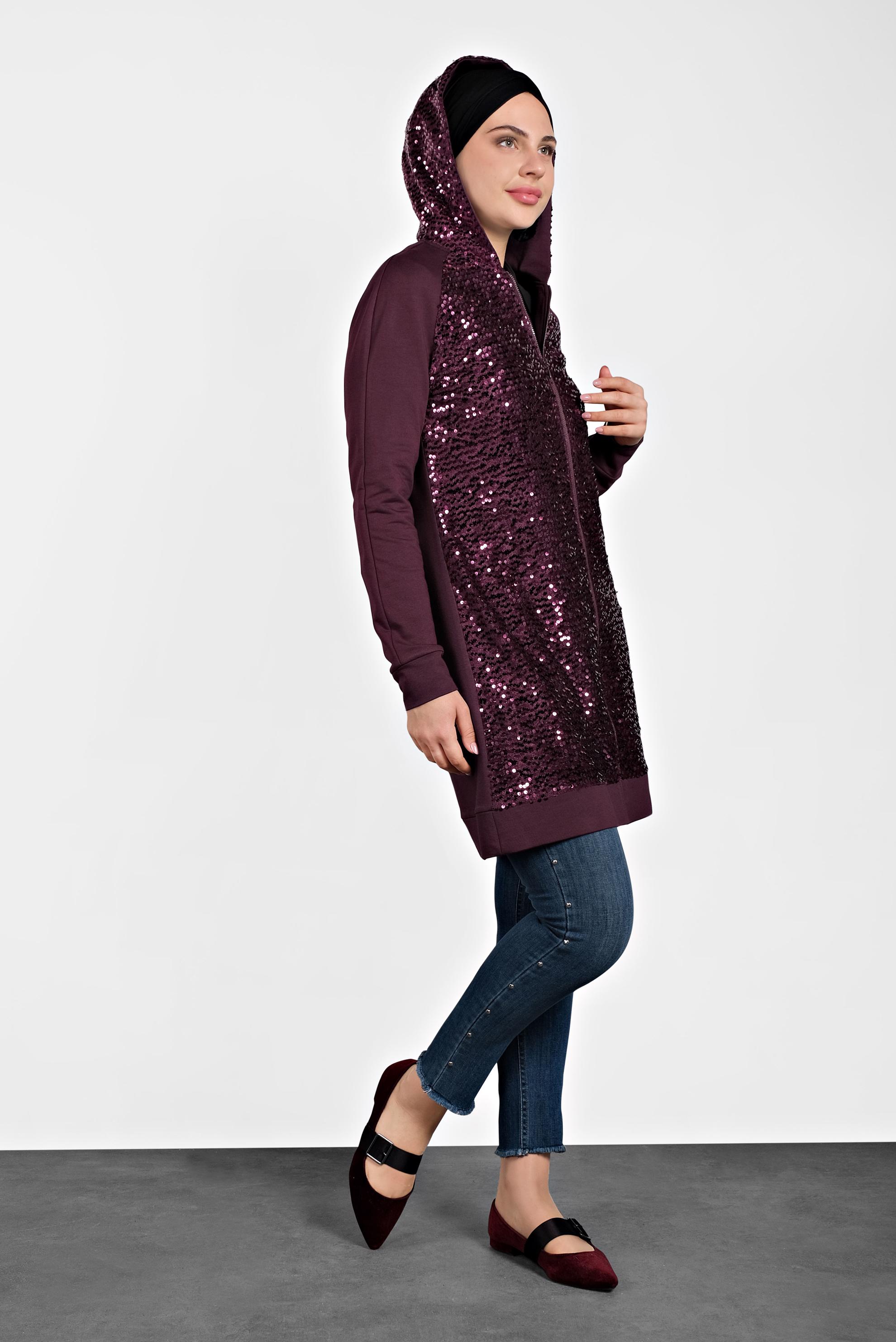 Tesettür giyim MÜRDÜM PULLU KAPÜŞONLU EŞOFMAN TUNİK 40347