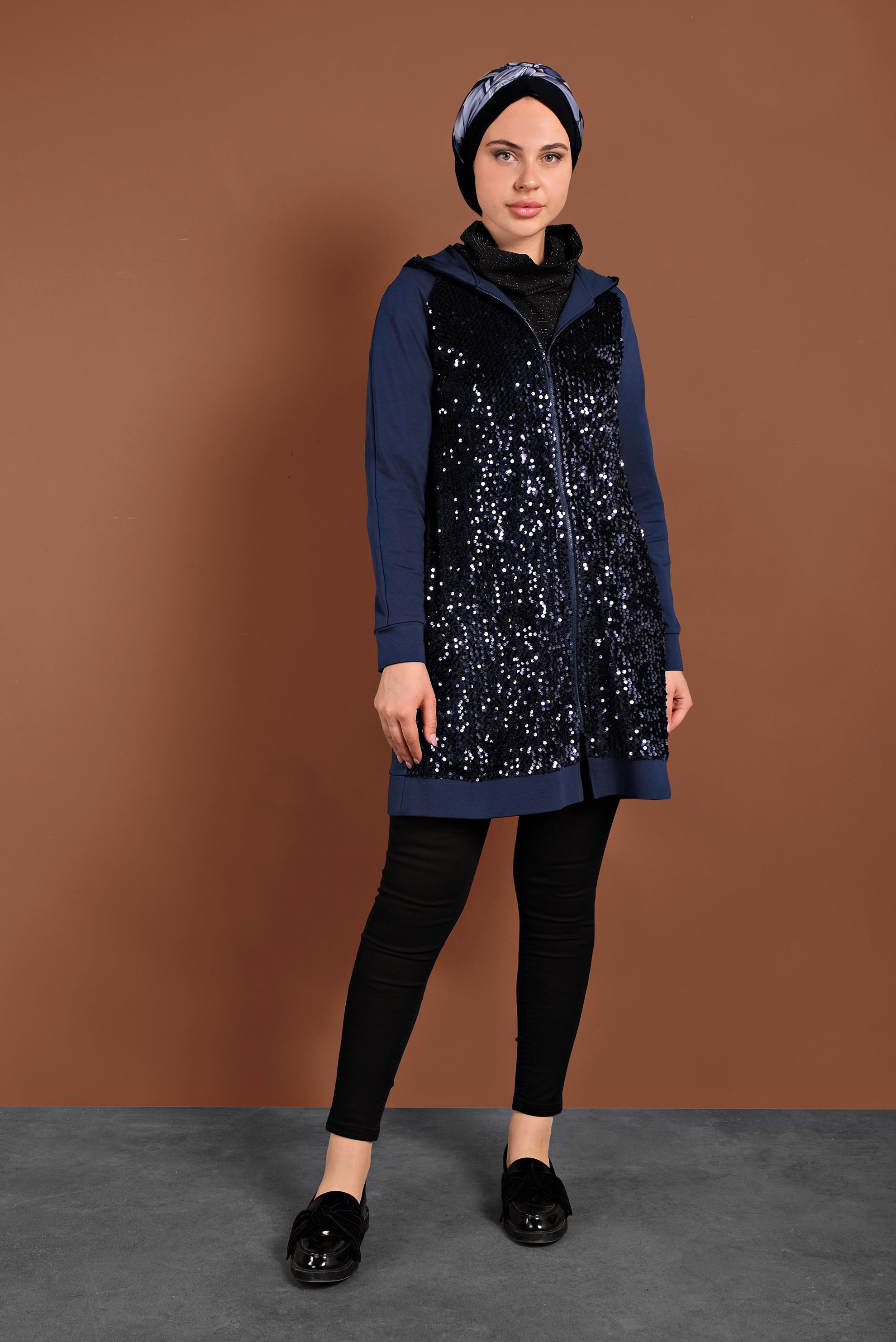 Tesettür giyim LACİVERT PULLU KAPÜŞONLU EŞOFMAN TUNİK 40347