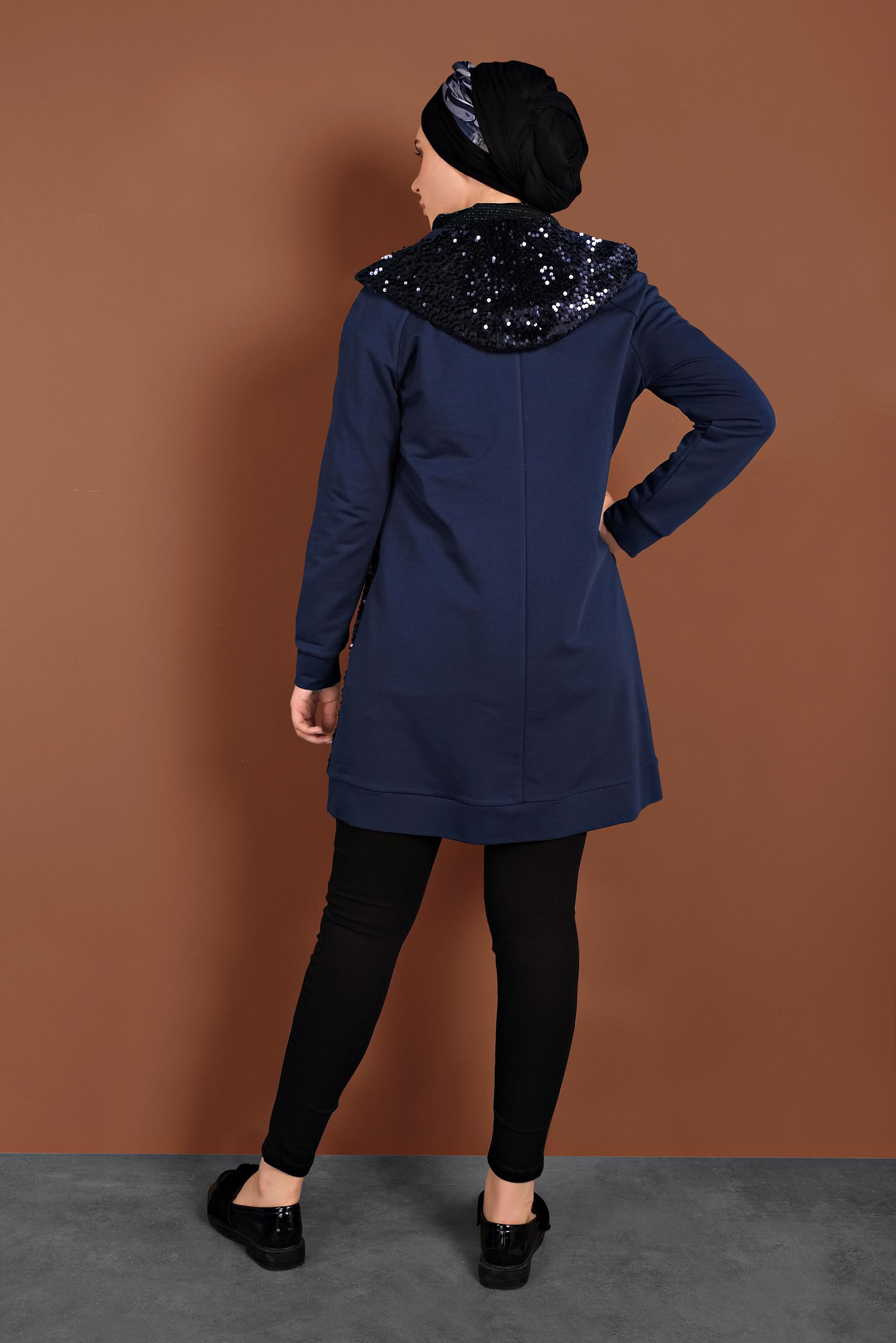 Tesettür giyim LACİVERT PULLU KAPÜŞONLU EŞOFMAN TUNİK 40347