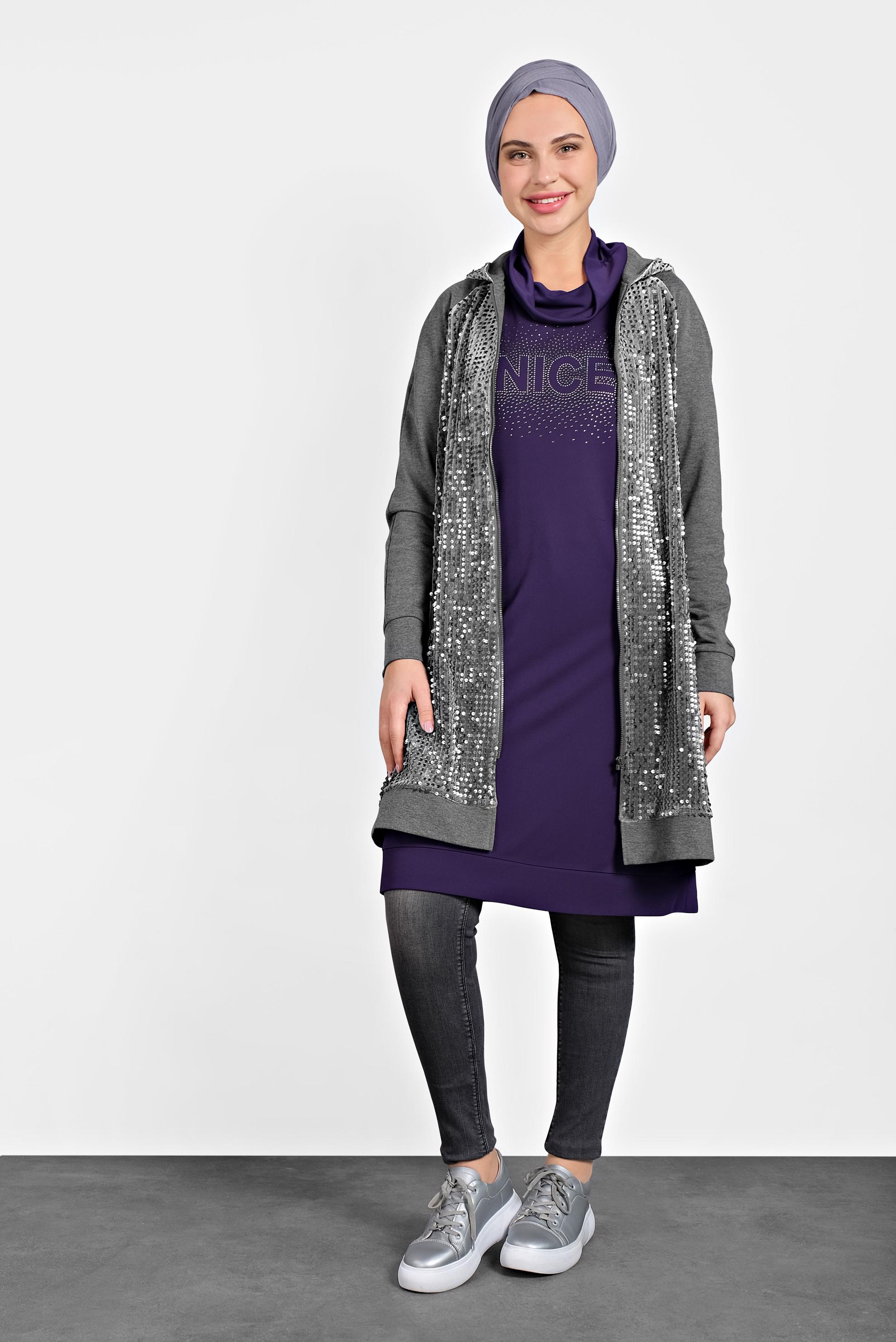 Tesettür giyim GRİ PULLU KAPÜŞONLU EŞOFMAN TUNİK 40347