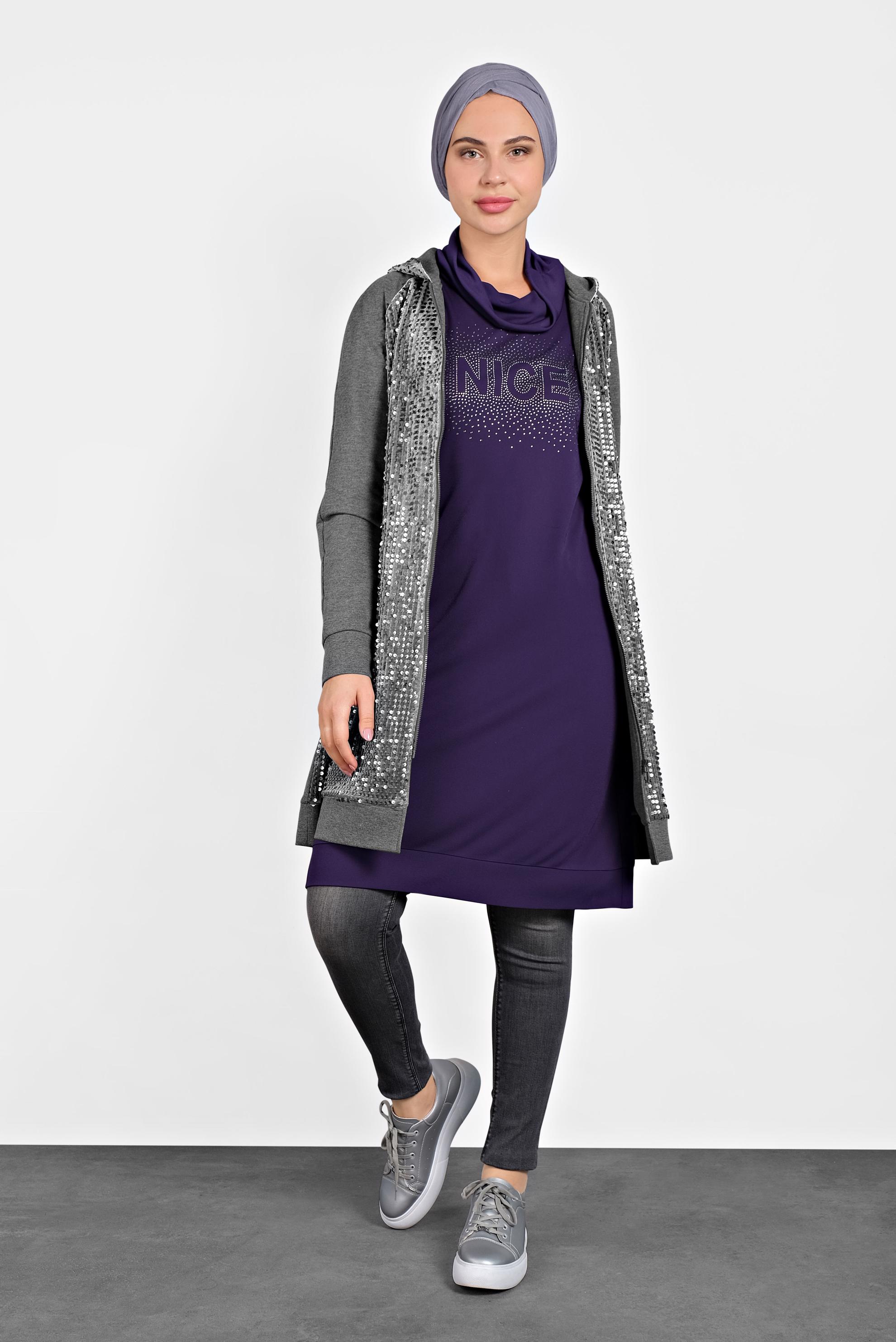 Tesettür giyim GRİ PULLU KAPÜŞONLU EŞOFMAN TUNİK 40347