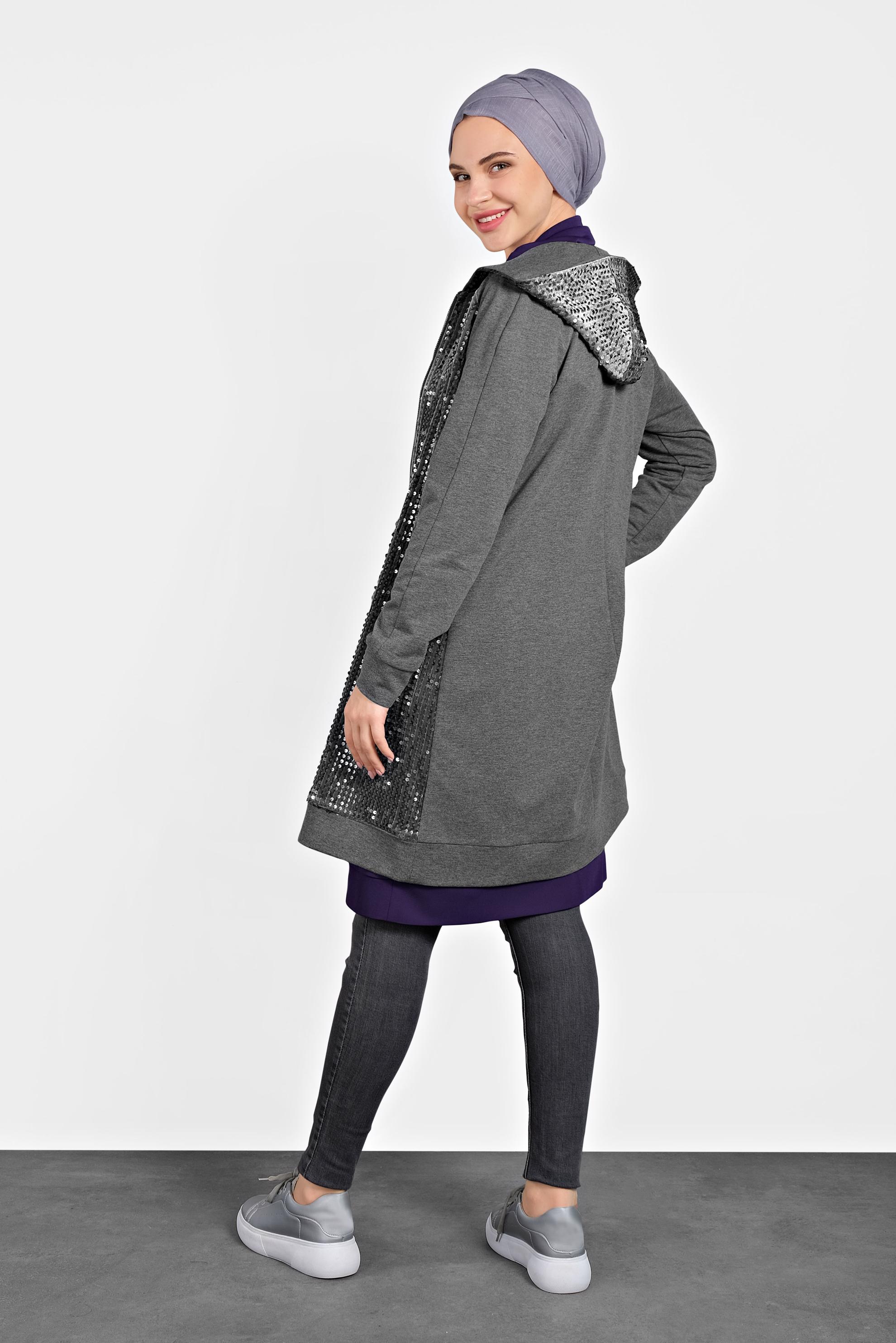 Tesettür giyim GRİ PULLU KAPÜŞONLU EŞOFMAN TUNİK 40347
