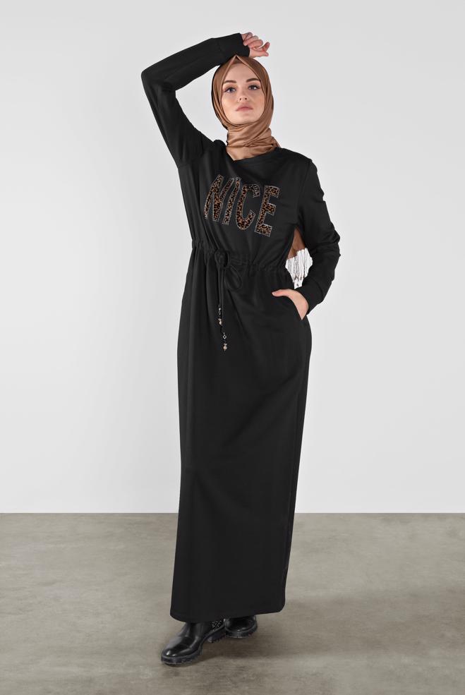 Vêtements hijab NOIR ROBE SPORT À IMPRIMÉE 41101 - ALVİNA