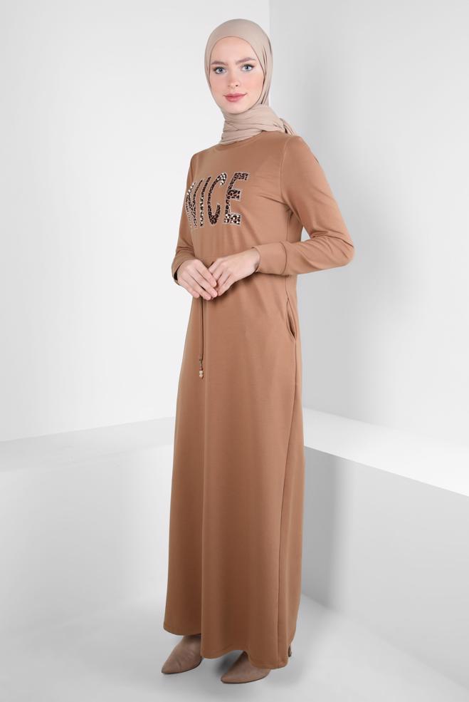 Vêtements hijab BRUN ROBE SPORT À IMPRIMÉE 41101 - ALVİNA