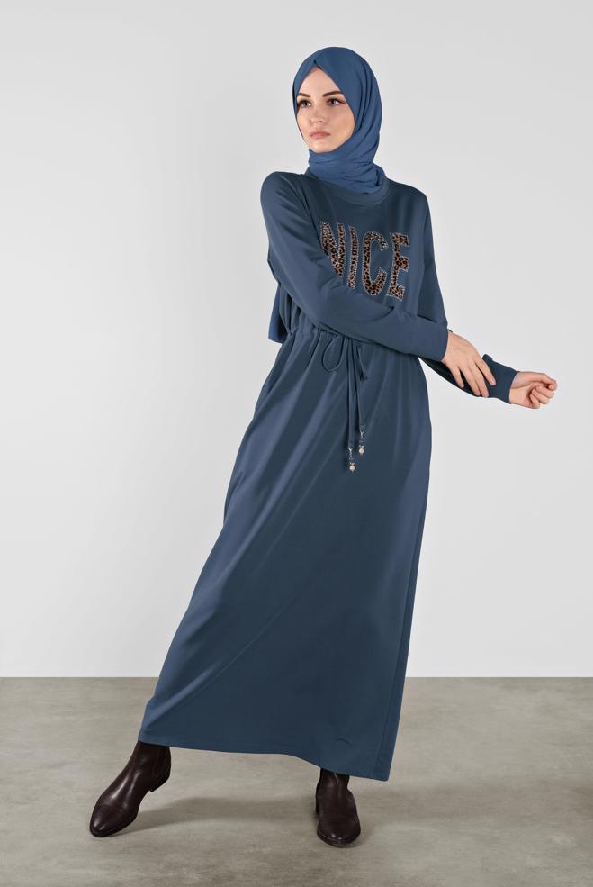 Vêtements hijab BLEU MARINE ROBE SPORT À IMPRIMÉE 41101 - ALVİNA