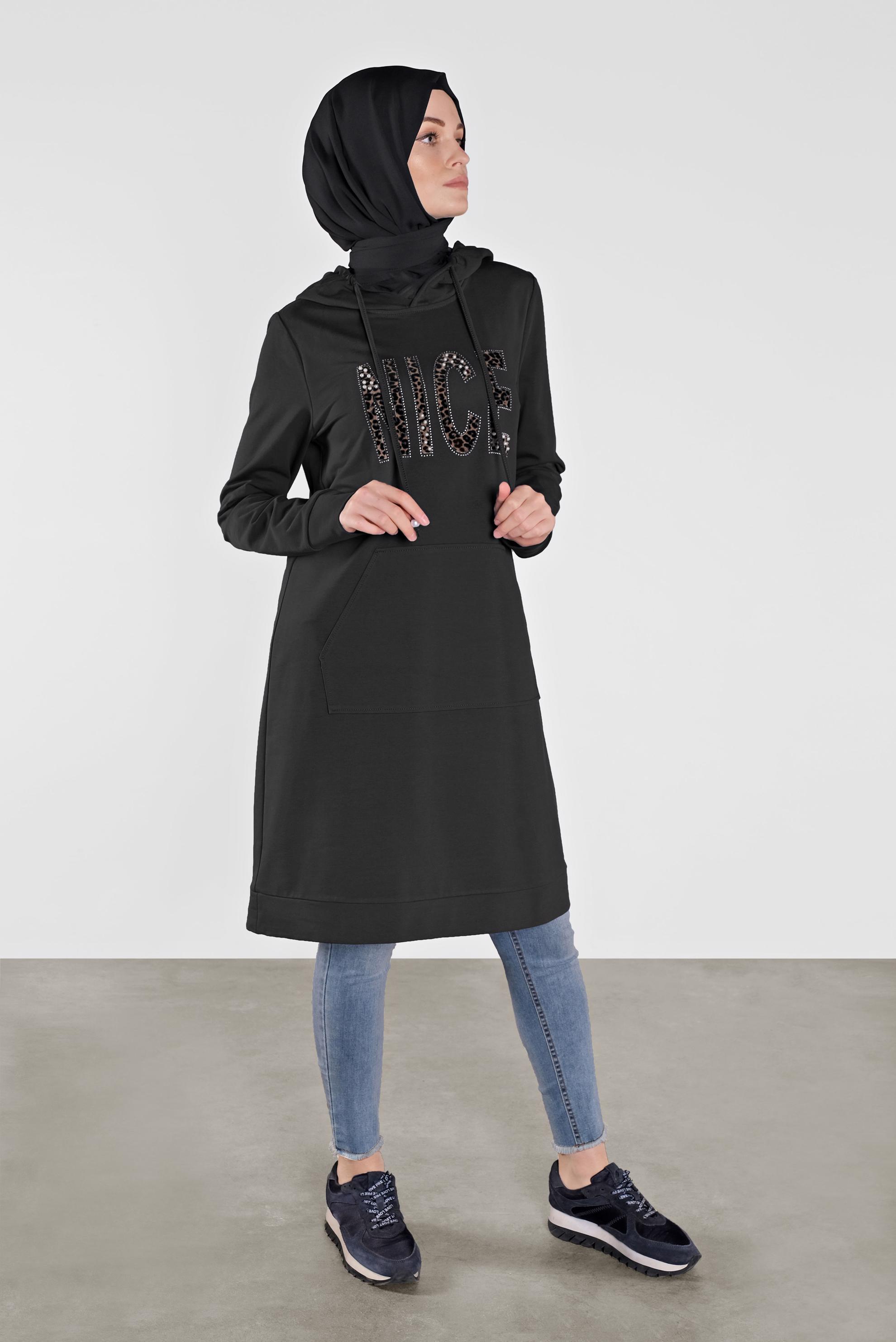 Tesettür giyim SİYAH KAPÜŞONLU EŞOFMAN TUNİK 41102 