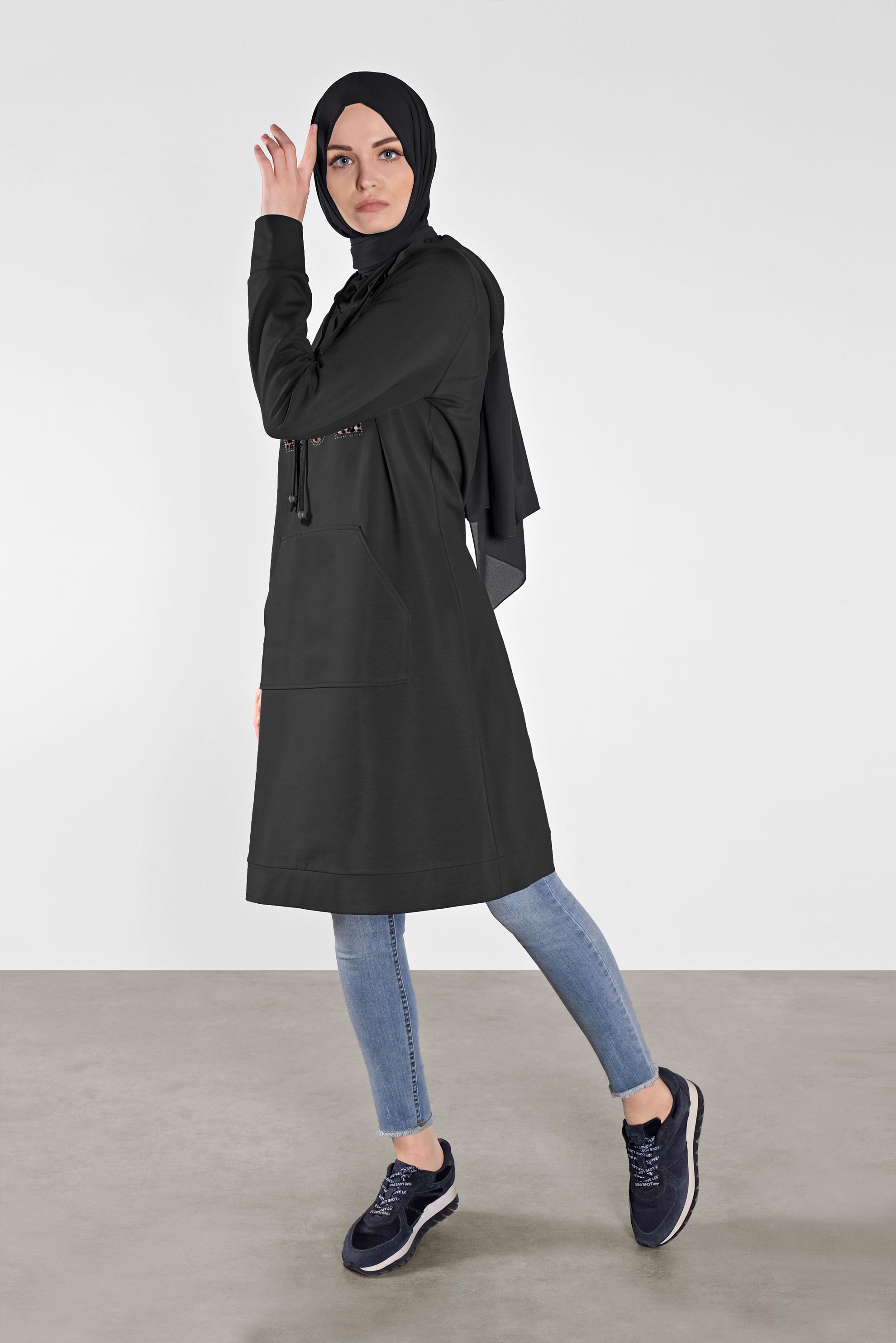 Tesettür giyim SİYAH KAPÜŞONLU EŞOFMAN TUNİK 41102 