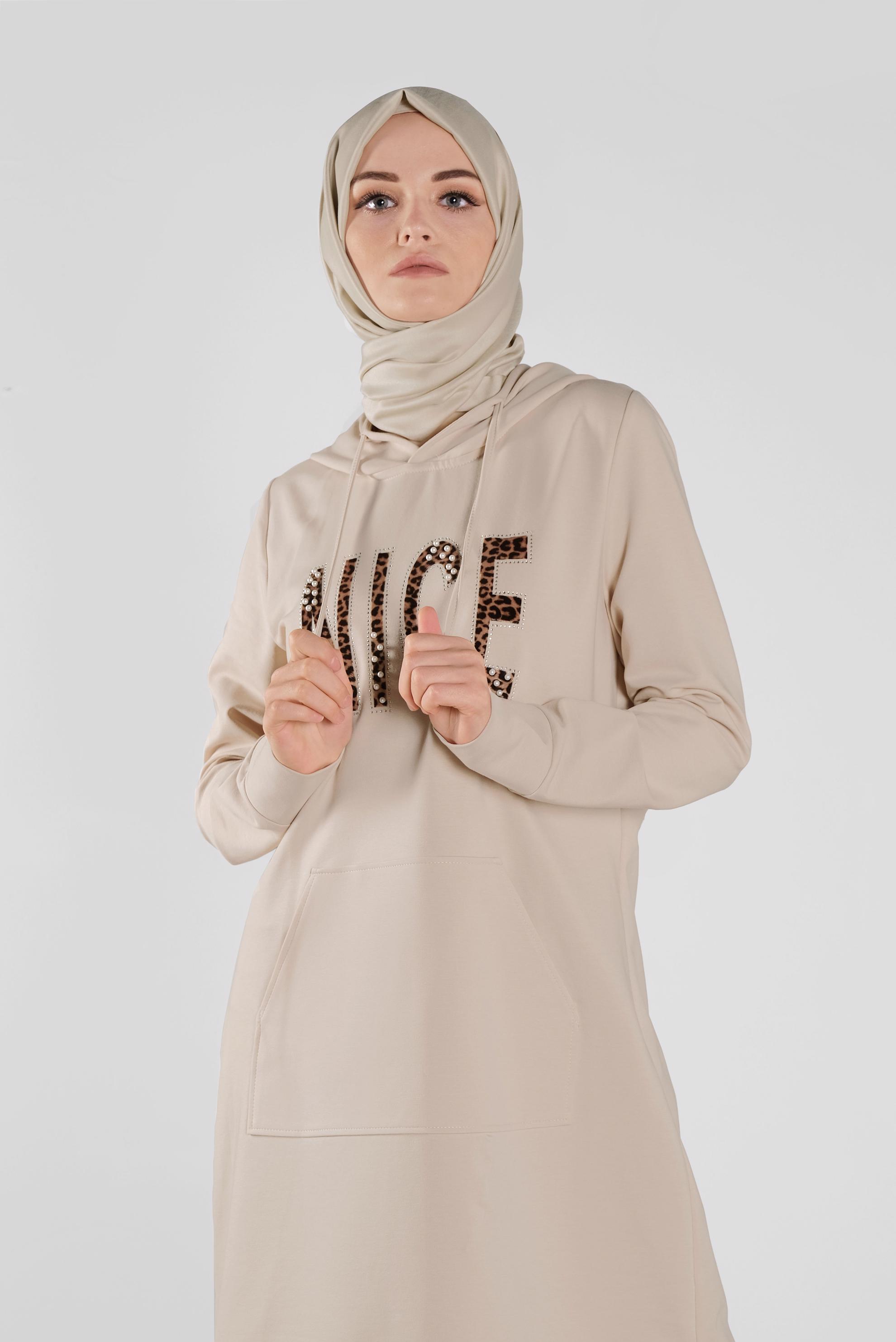 Tesettür giyim BEJ KAPÜŞONLU EŞOFMAN TUNİK 41102 