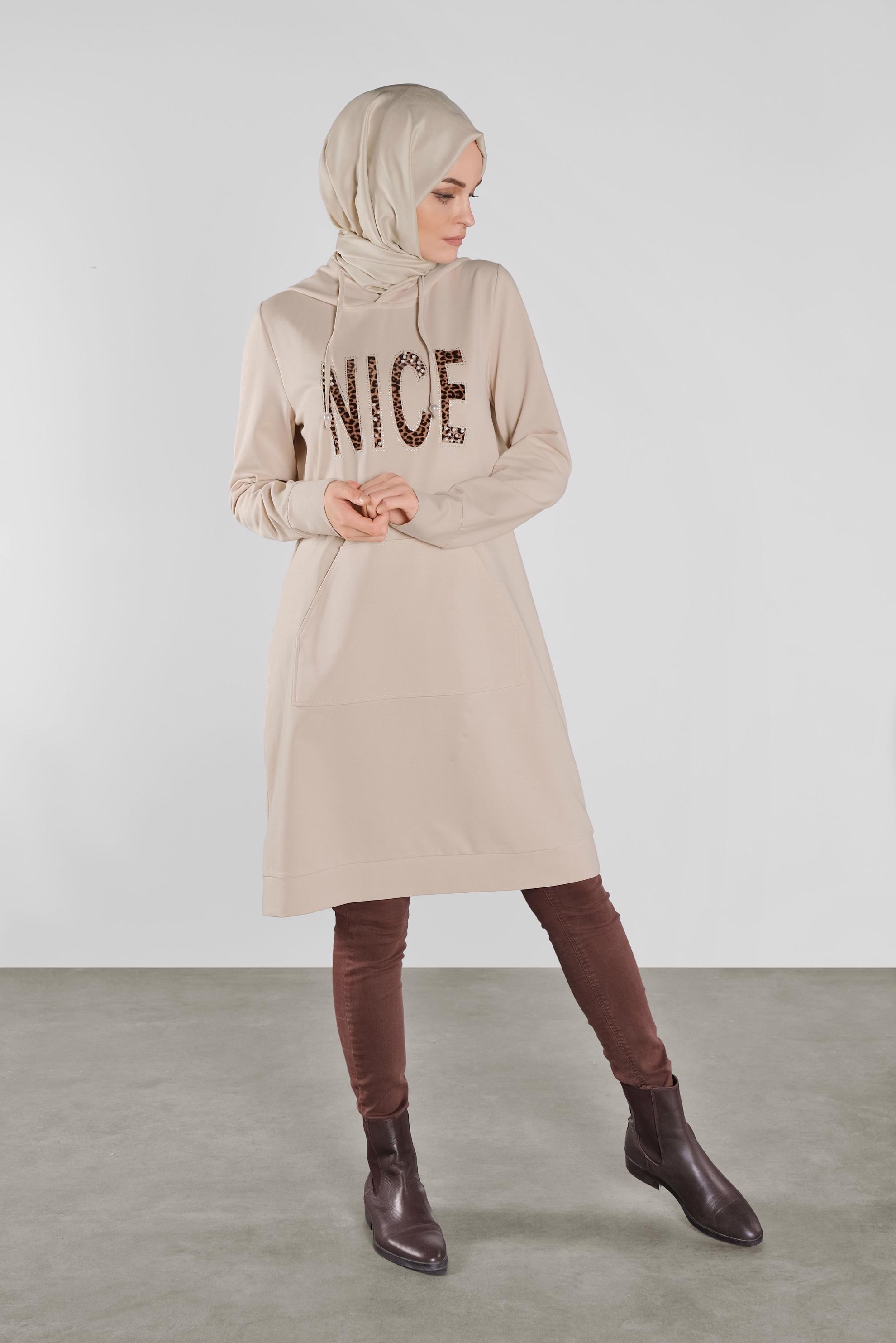 Tesettür giyim BEJ KAPÜŞONLU EŞOFMAN TUNİK 41102 