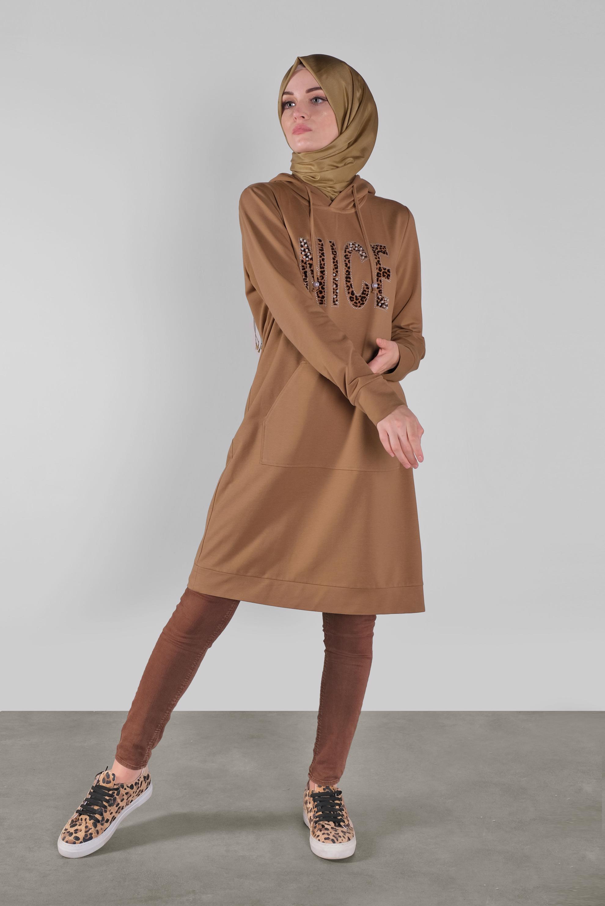 Tesettür giyim SARI KAPÜŞONLU EŞOFMAN TUNİK 41102 