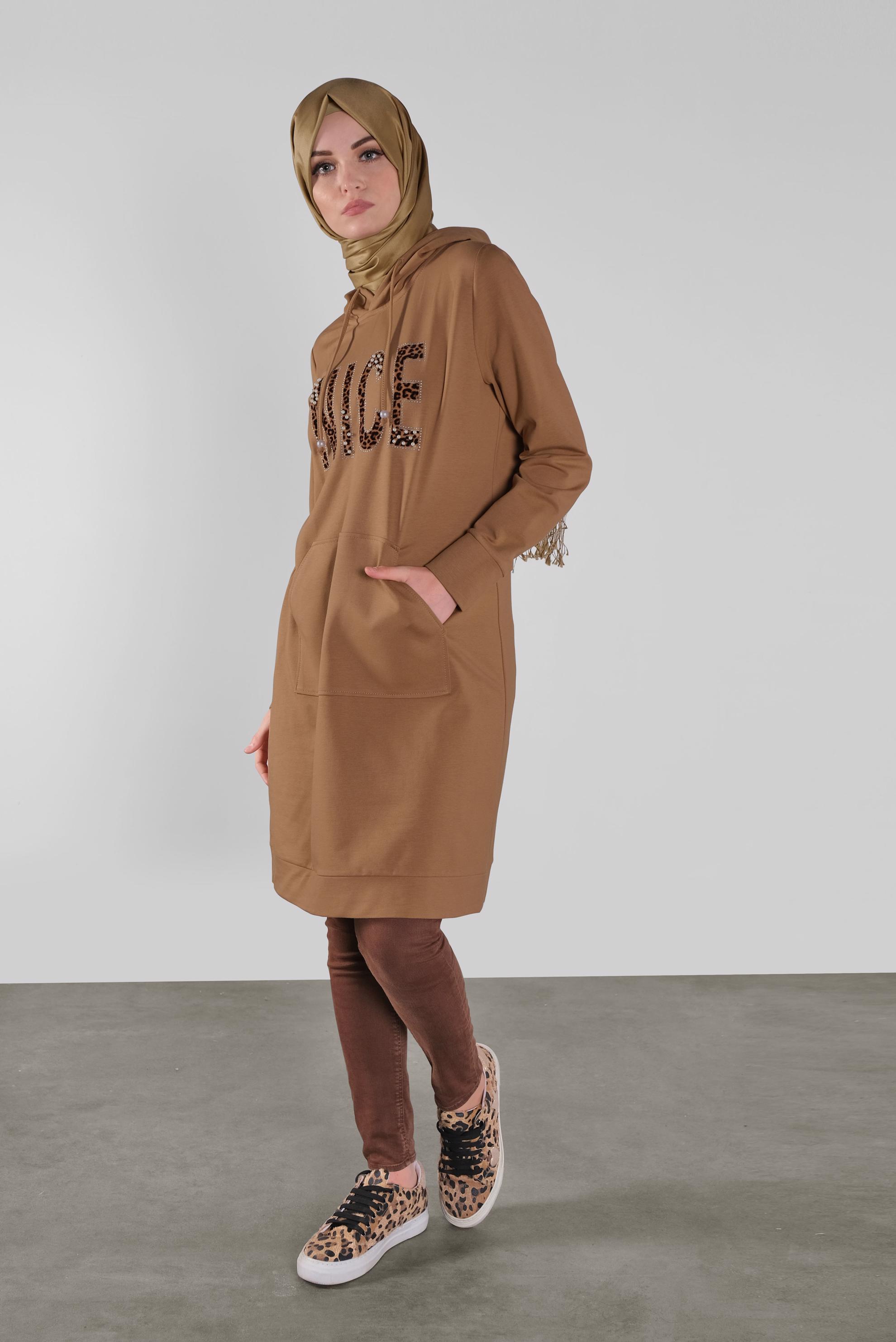 Tesettür giyim SARI KAPÜŞONLU EŞOFMAN TUNİK 41102 