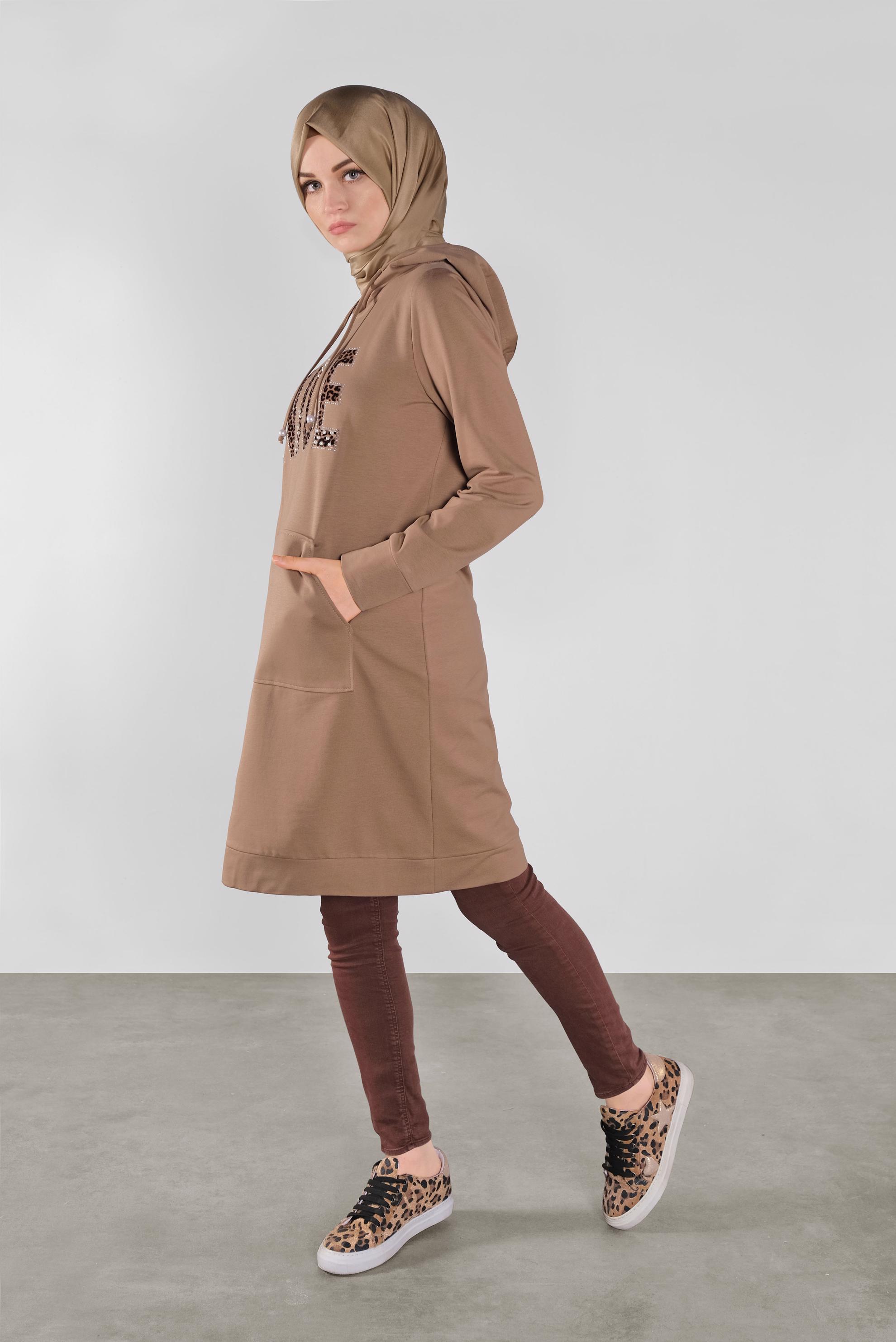 Tesettür giyim KAHVE KAPÜŞONLU EŞOFMAN TUNİK 41102 