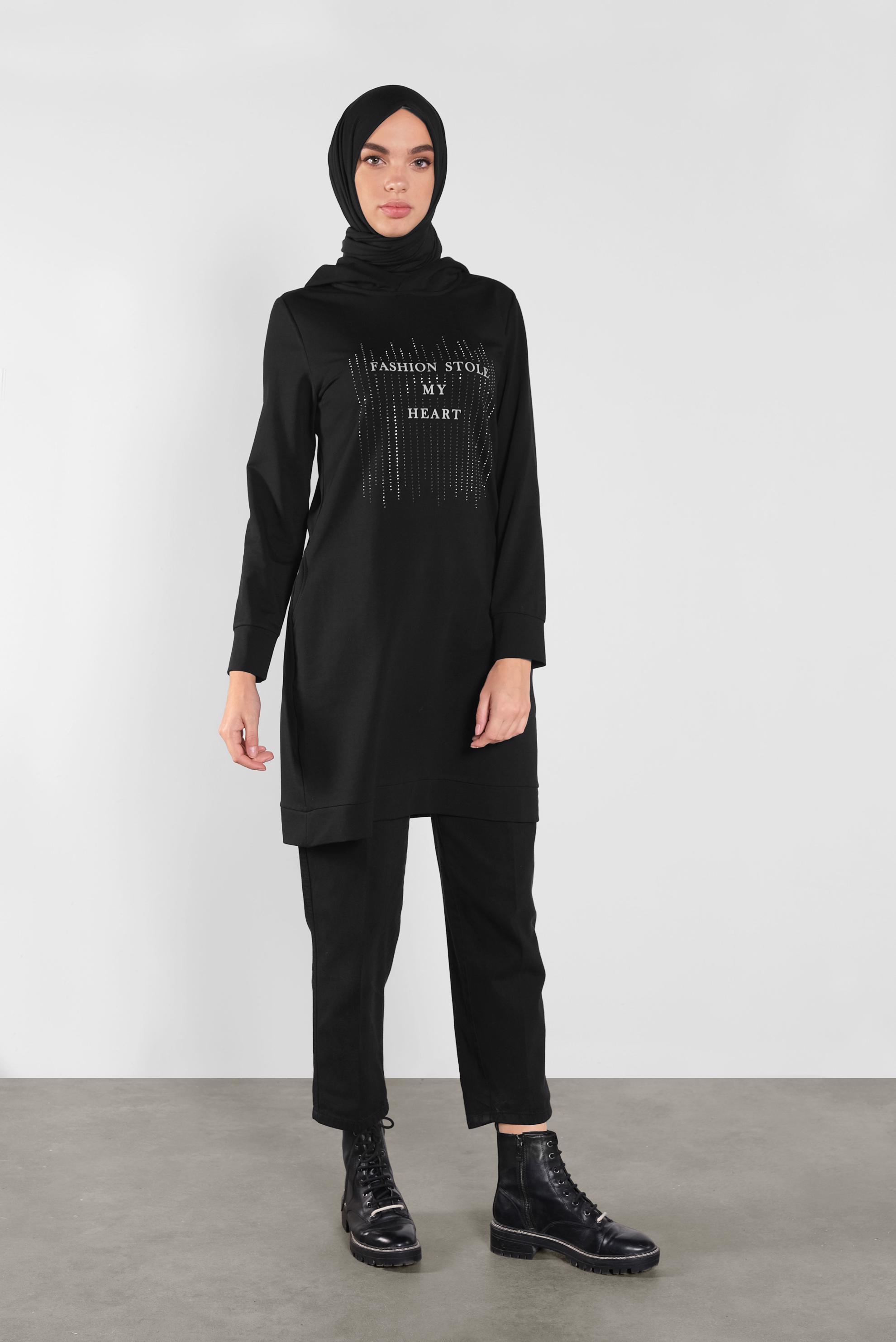 Tesettür giyim SİYAH KAPÜŞONLU EŞOFMAN TUNİK 41103