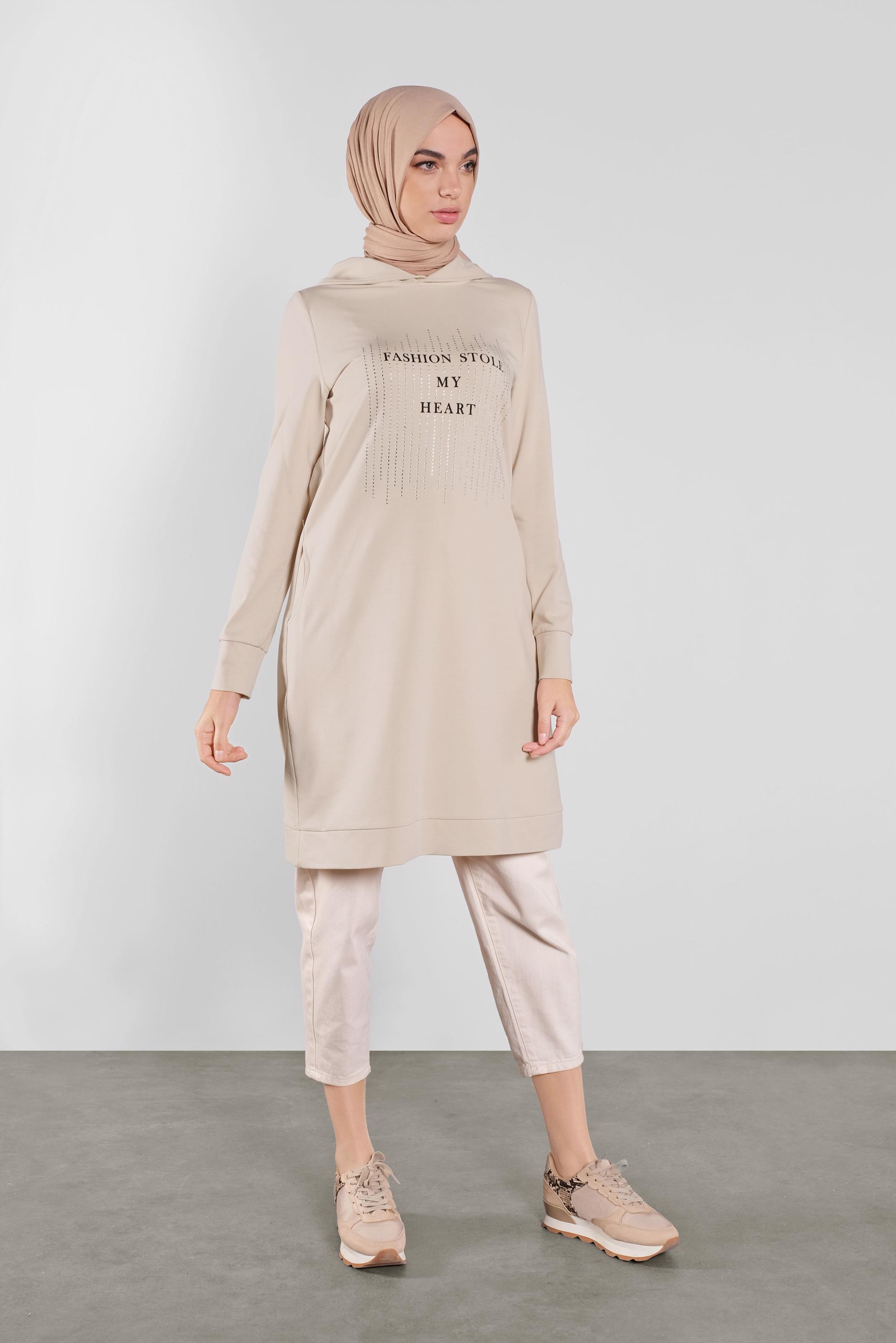 Tesettür giyim BEJ KAPÜŞONLU EŞOFMAN TUNİK 41103