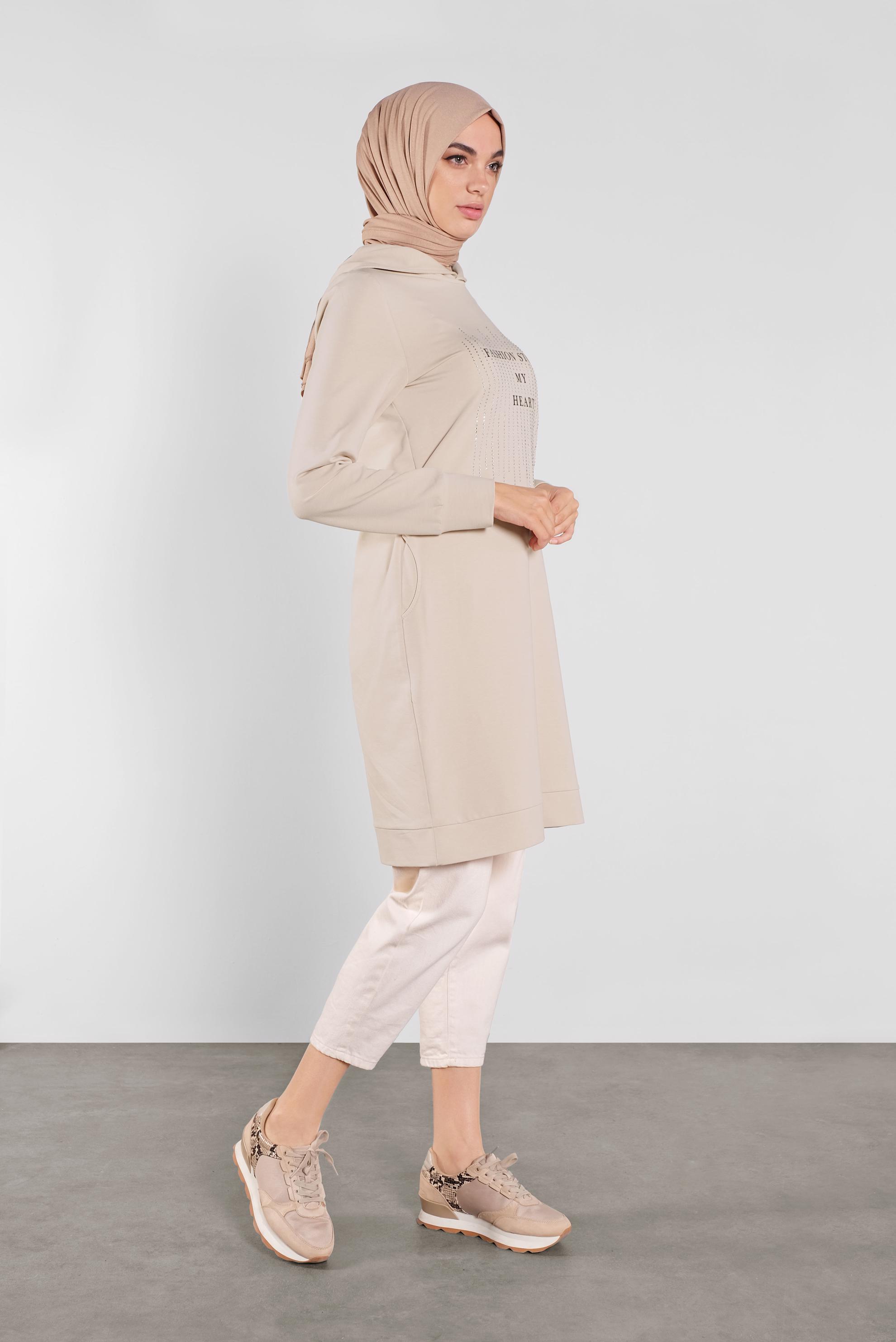 Tesettür giyim BEJ KAPÜŞONLU EŞOFMAN TUNİK 41103