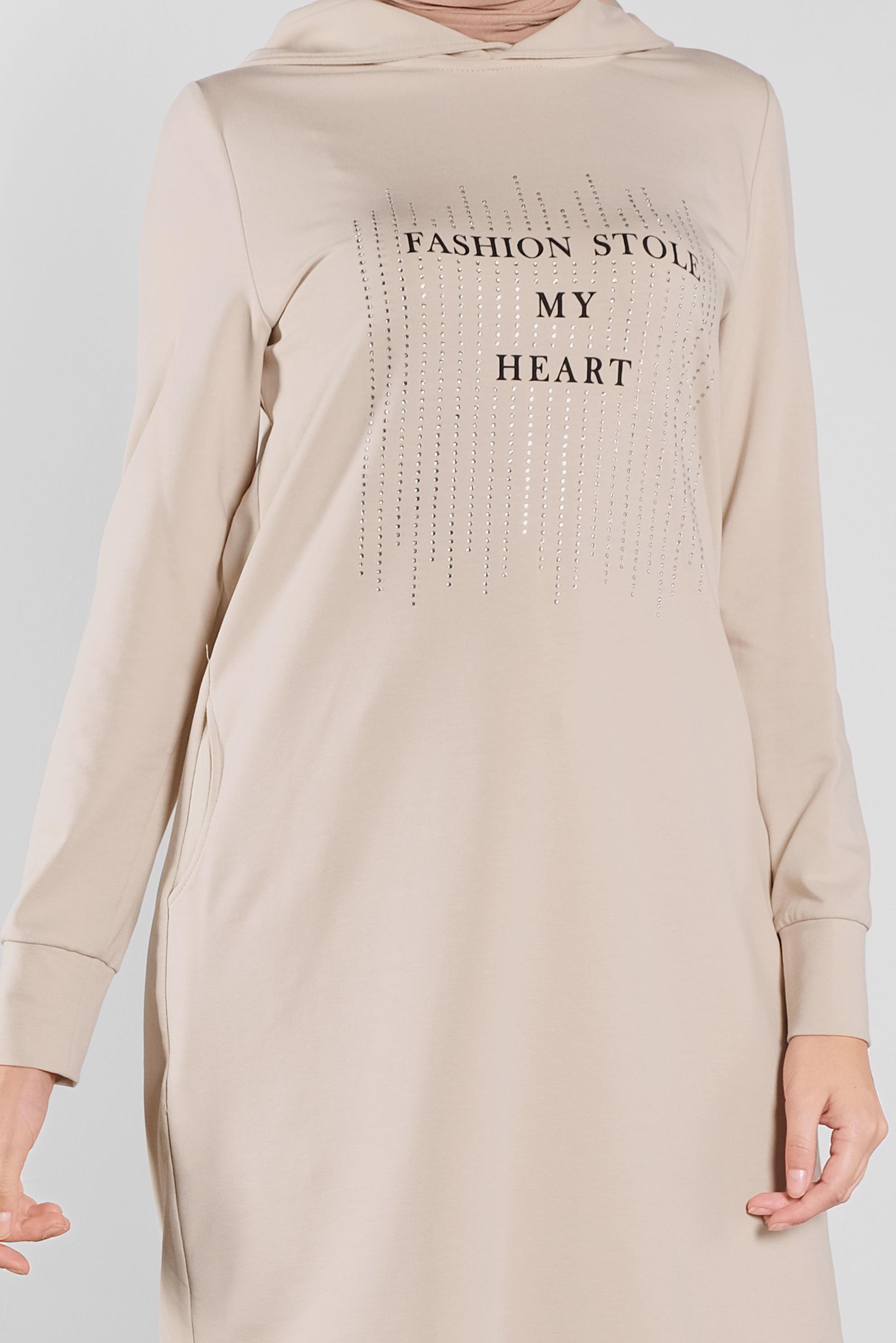 Tesettür giyim BEJ KAPÜŞONLU EŞOFMAN TUNİK 41103