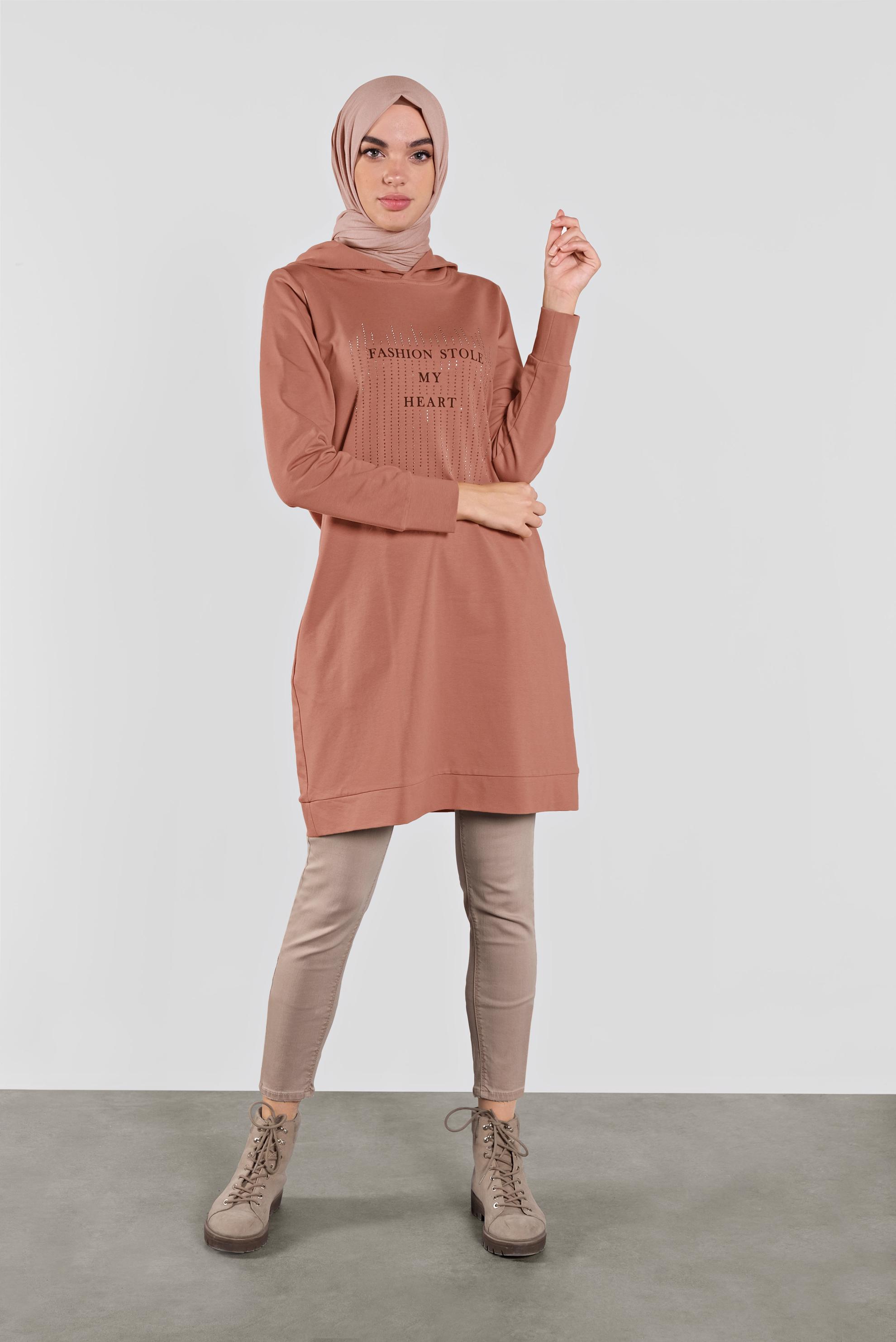 Tesettür giyim TURUNCU KAPÜŞONLU EŞOFMAN TUNİK 41103