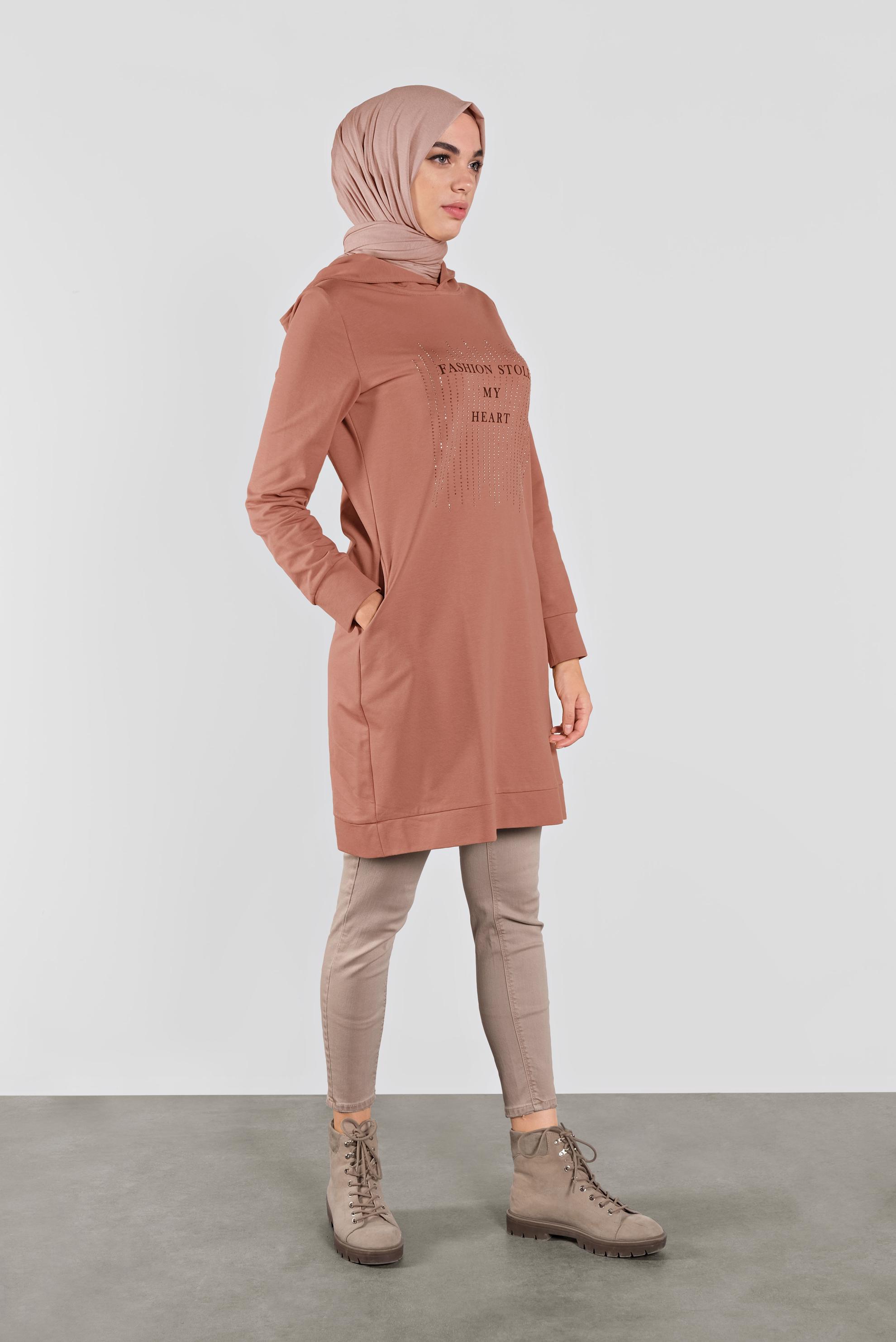Tesettür giyim TURUNCU KAPÜŞONLU EŞOFMAN TUNİK 41103