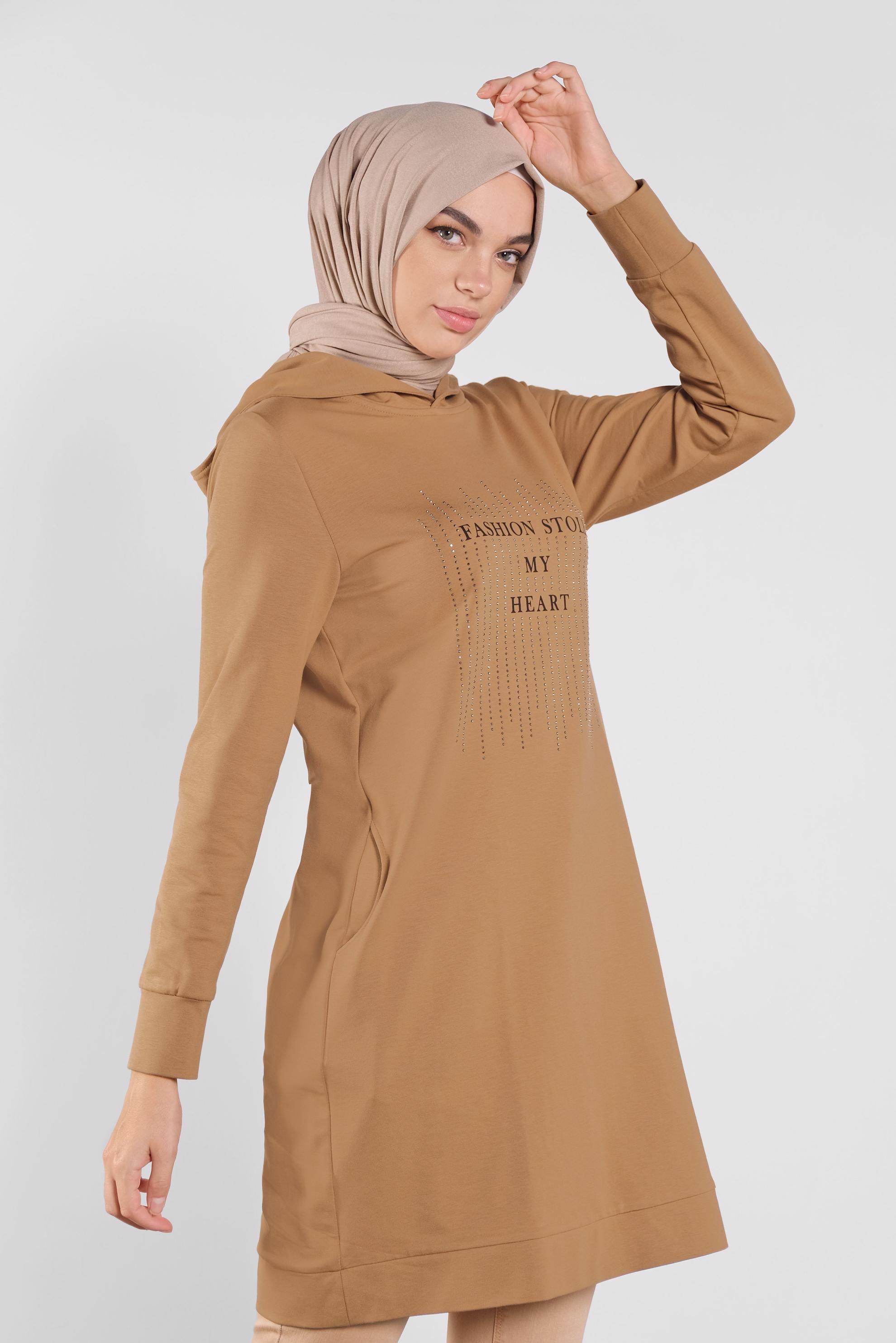 Tesettür giyim SARI KAPÜŞONLU EŞOFMAN TUNİK 41103