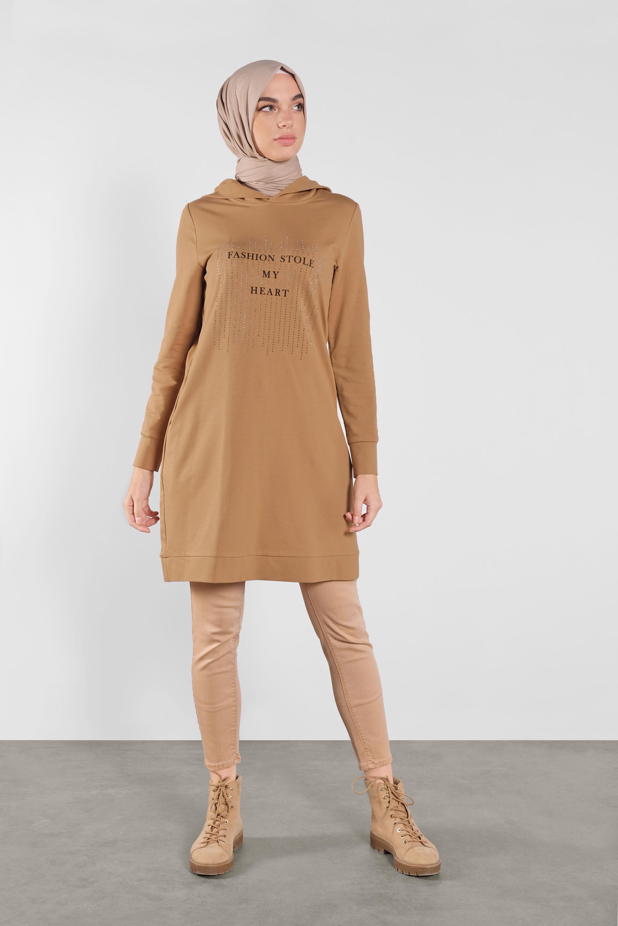 Tesettür giyim SARI KAPÜŞONLU EŞOFMAN TUNİK 41103