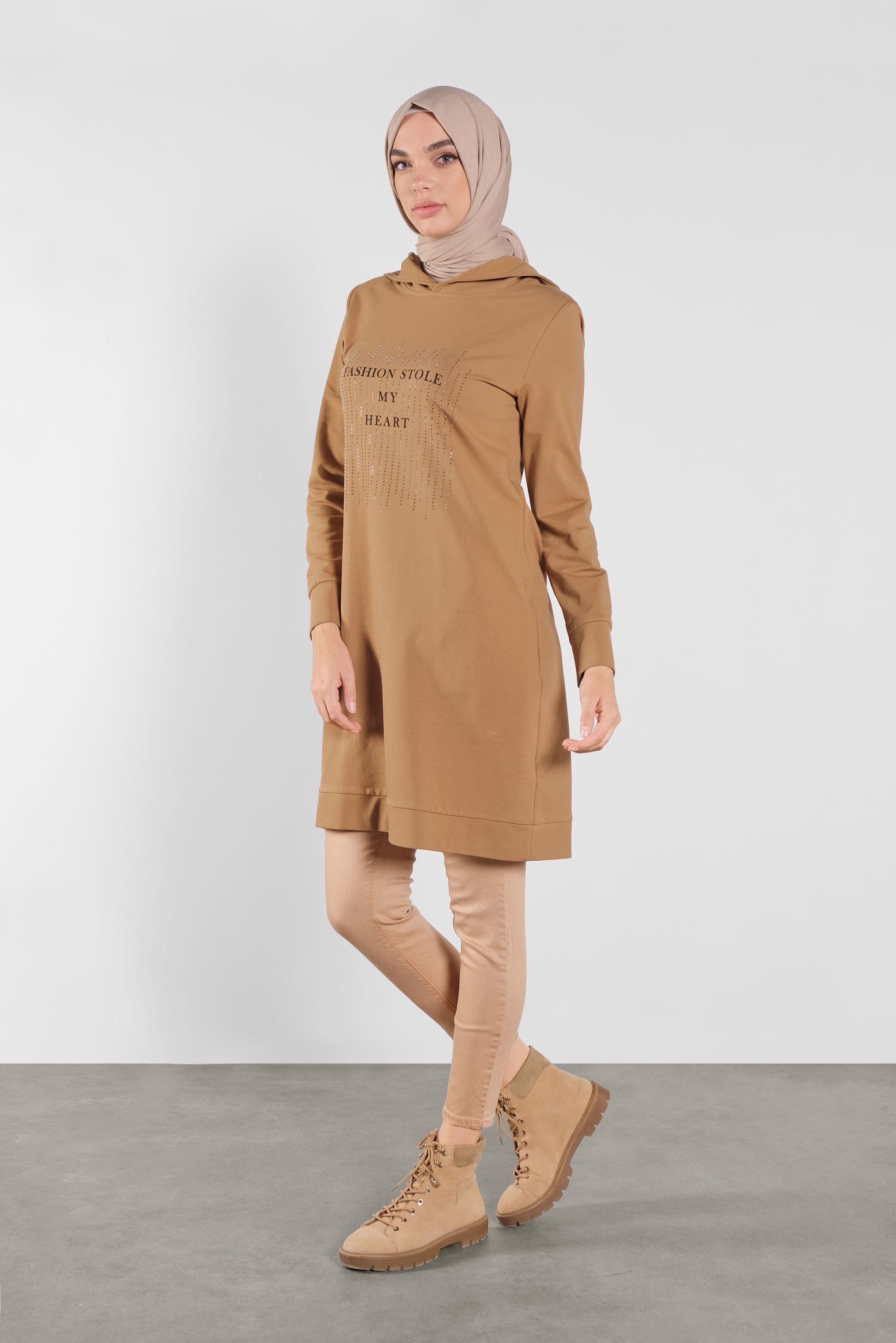 Tesettür giyim SARI KAPÜŞONLU EŞOFMAN TUNİK 41103