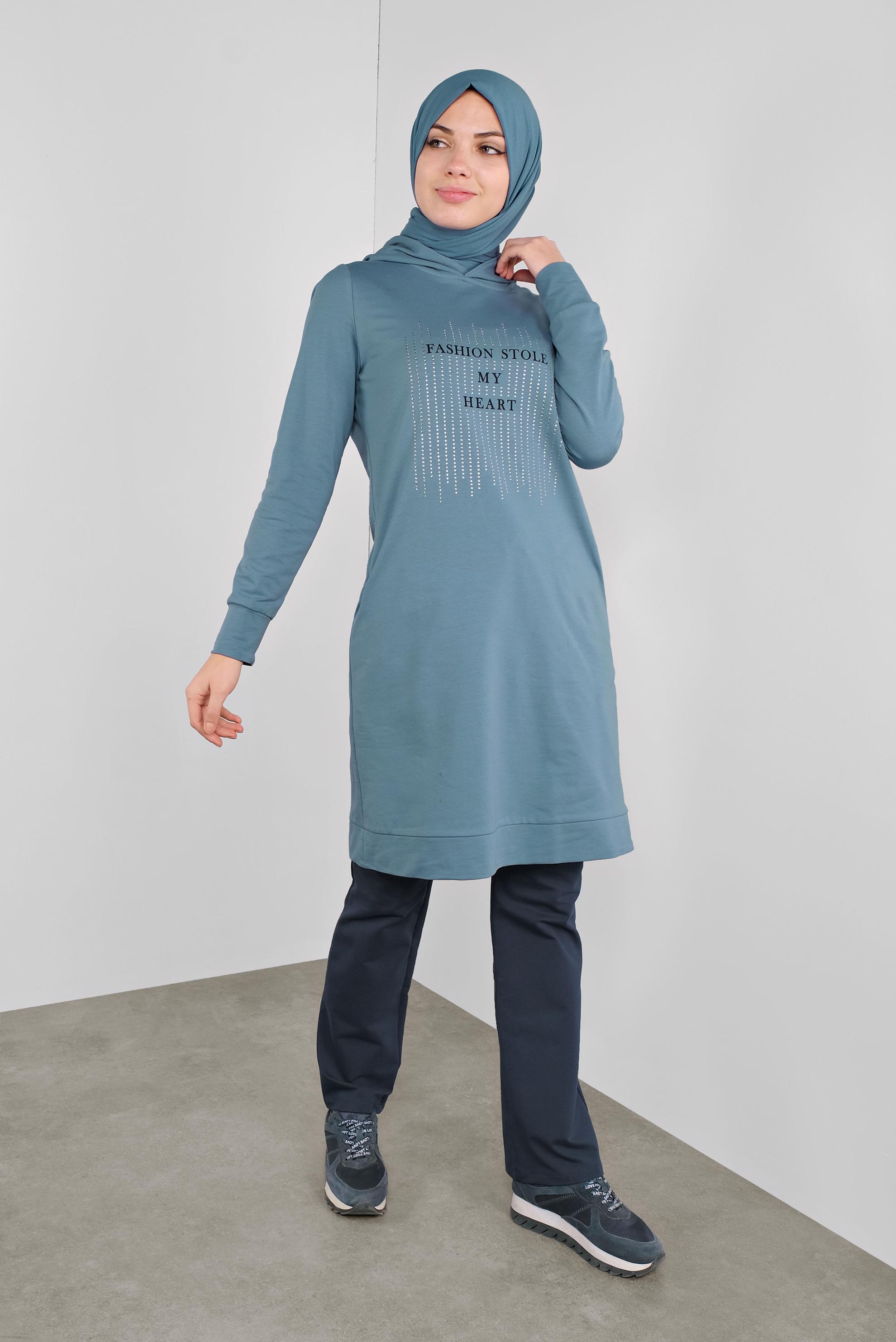 Tesettür giyim MAVİ KAPÜŞONLU EŞOFMAN TUNİK 41103